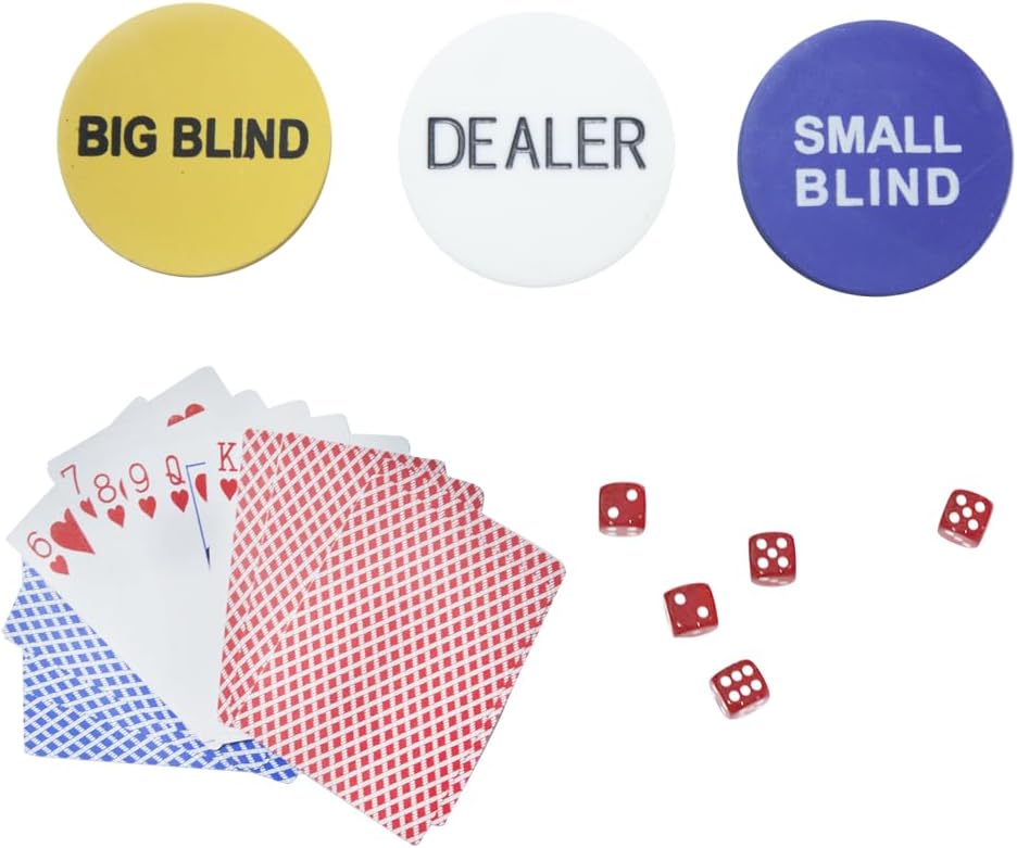 THUNDERBAY Juego de 500 fichas de póquer compuesto de arcilla con estuche de aluminio, dos barajas de cartas, distribuidor y botón ciego y 5 dados