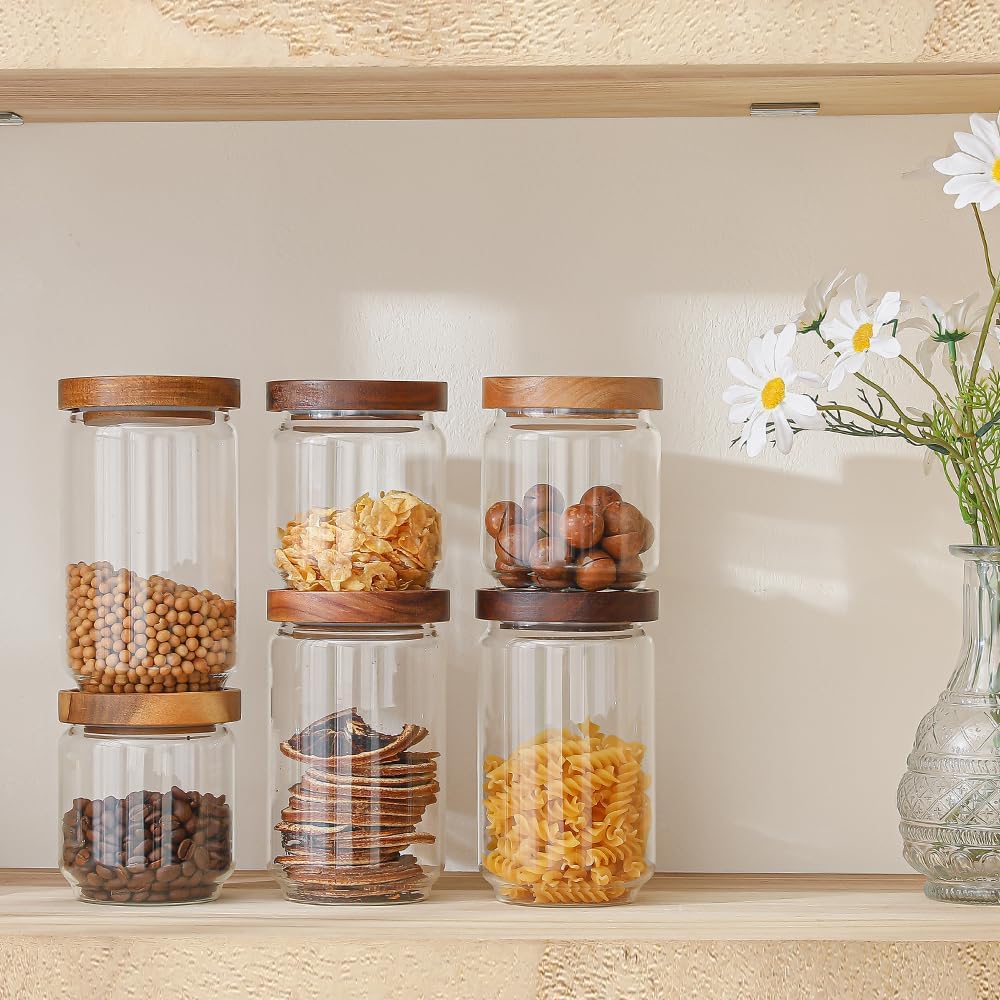 Homtop Tarros de vidrio con tapas de madera, paquete de 6 con 112 etiquetas, recipiente de almacenamiento de alimentos de 15 onzas para café,