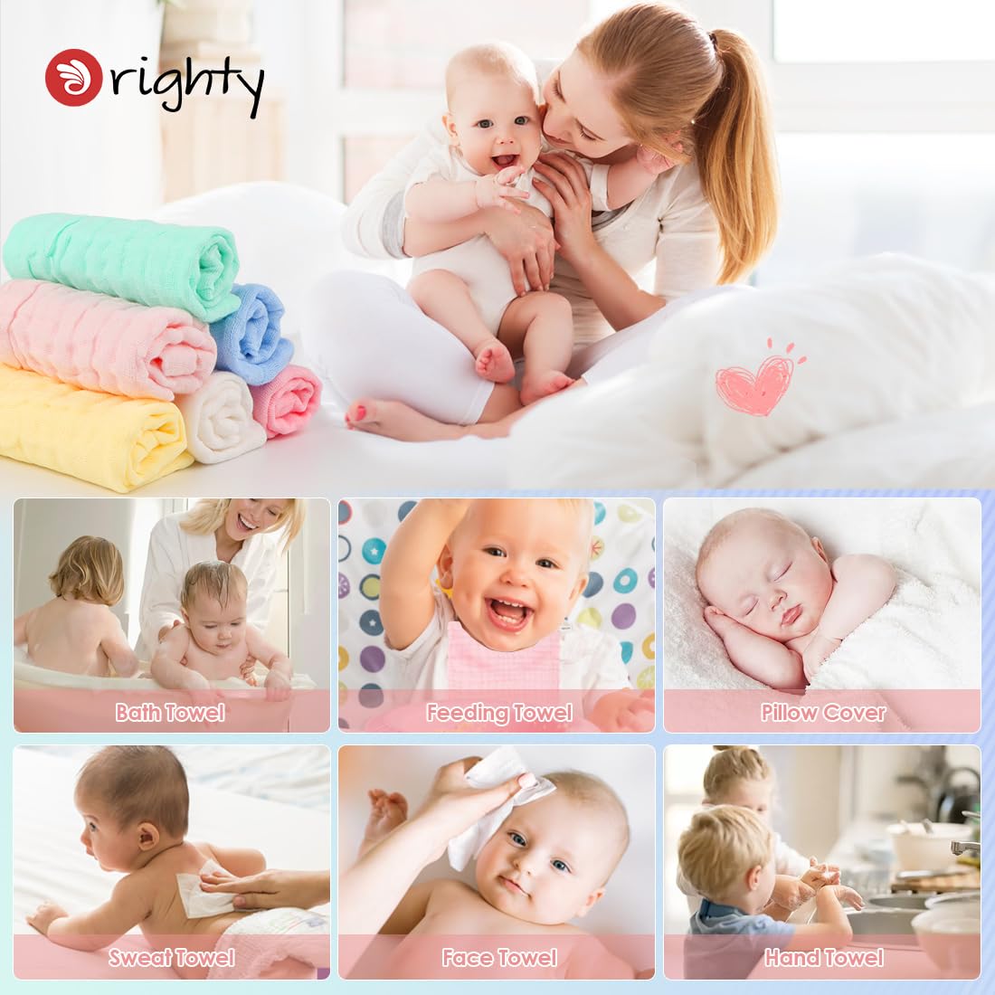 Orighty Paquete de 6 paños de muselina para bebé, paños suaves para recién nacidos, toallas absorbentes de baño y cara para bebé, toallitas para