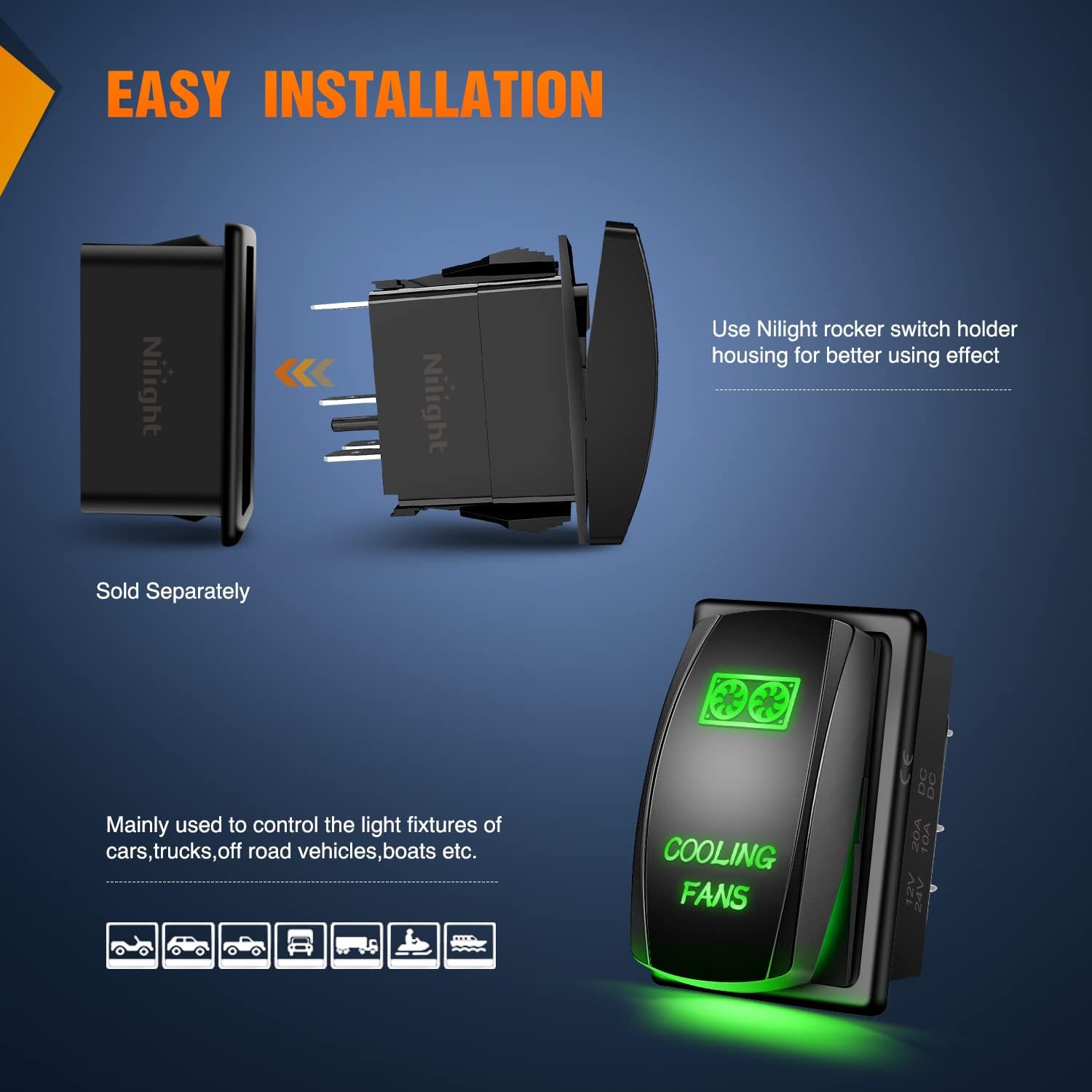 Nilight Ventiladores de refrigeración, interruptor basculante, interruptor de barra de luz LED, interruptor láser de 5 pines de encendido y apagado