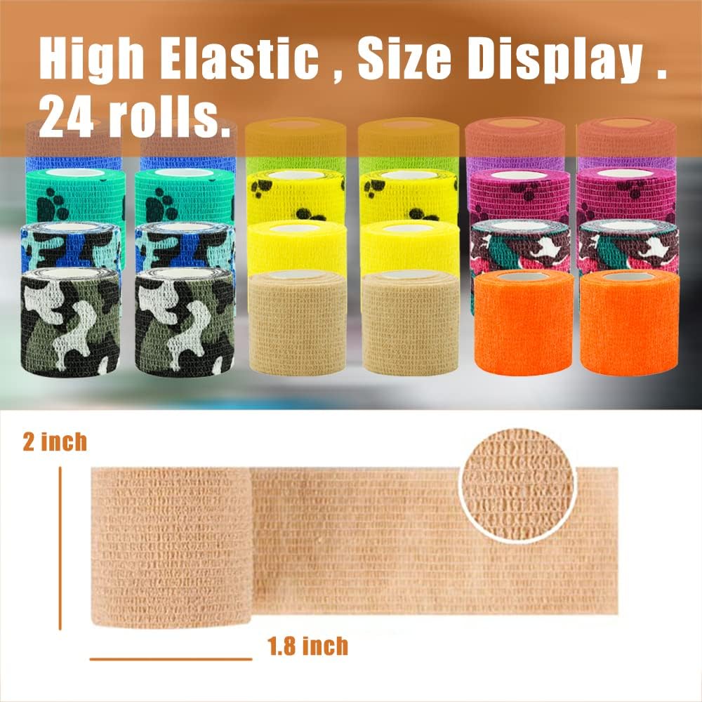 Paquete de 24 vendajes autoadhesivos de 2 x 5 yardas, envoltura veterinaria autoadhesiva para perros, gatos, caballos, animales, cinta elástica