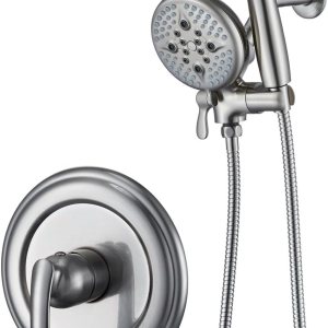 ELLO&ALLO Juego de grifo de ducha, válvula mezcladora y kit de molduras, níquel cepillado, cabezal de ducha de lluvia con combo de mano ELLO&ALLO Juego de grifo de ducha, válvula mezcladora y kit de molduras, níquel cepillado, cabezal de ducha de lluvia con combo de mano