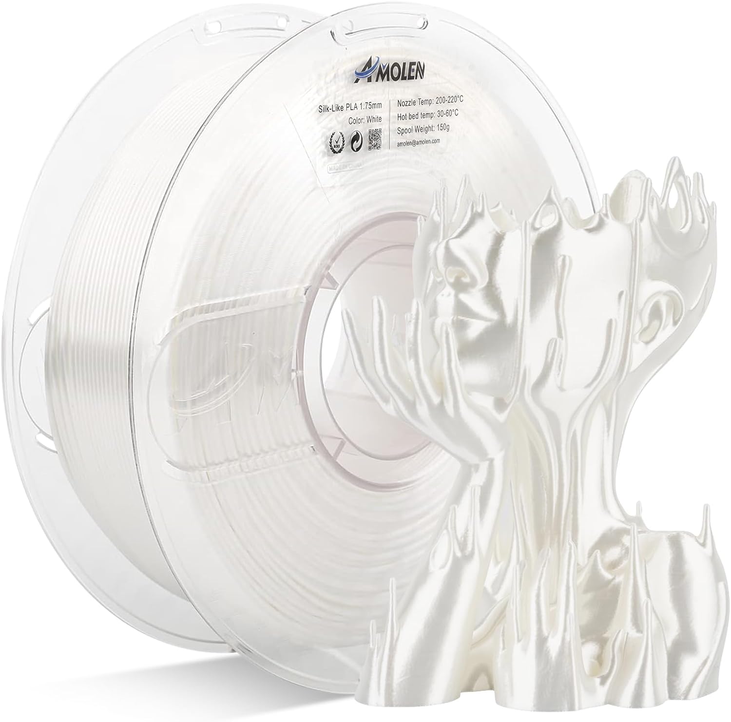 AMOLEN Filamento PLA de seda para impresora 3D de 0.069 pulgadas, filamento blanco brillante para impresión 3D, carrete de 2.2 libras, compatible