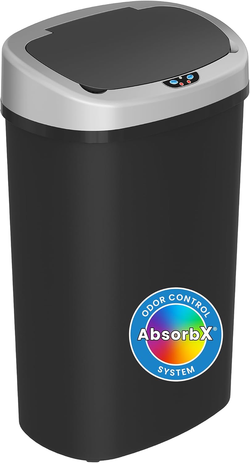 iTouchless – Bote de basura ovalado de plástico, de 13galones, con sensor y filtro de olores, tapa automática duradera antigolpes, compacto, ideal