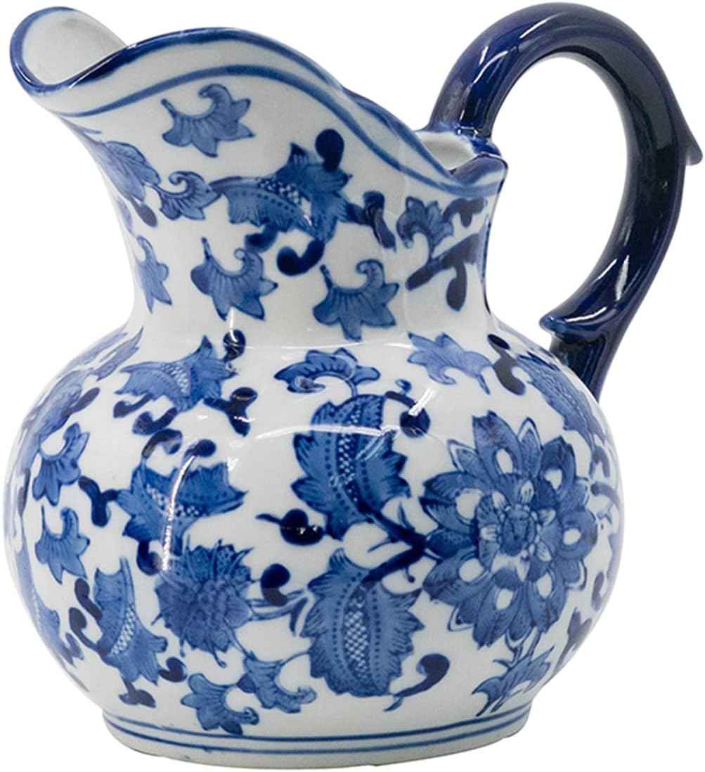 A&B Home – Jarra de cerámica con asa, jarra de crema de leche de café para cocina, tarro de porcelana azul y blanca con patrón de flores, 9 x 6 x 8