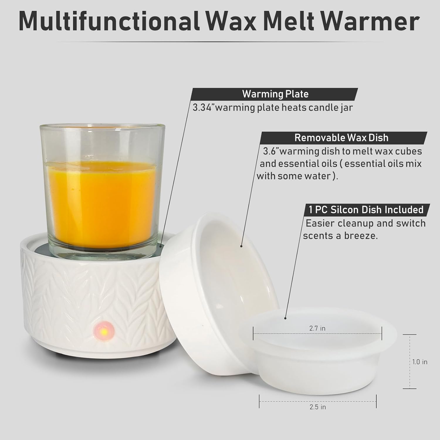 EQUSUPRO Calentador de cera para cera perfumada  con 1 calentador de cera de silicona para platos, calentador de cera de cerámica 3 en 1, quemador