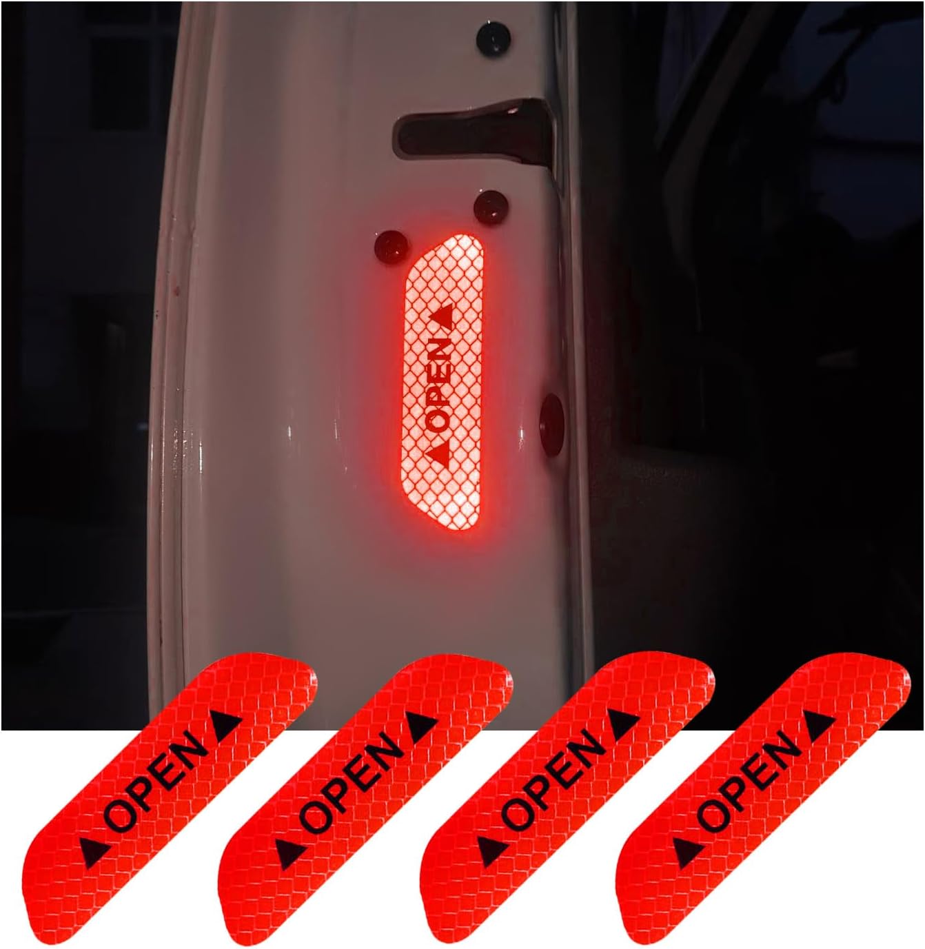 4 calcomanías reflectantes abiertas para puerta de automóvil, visibilidad nocturna, anticolisión, tira protectora de advertencia de seguridad,