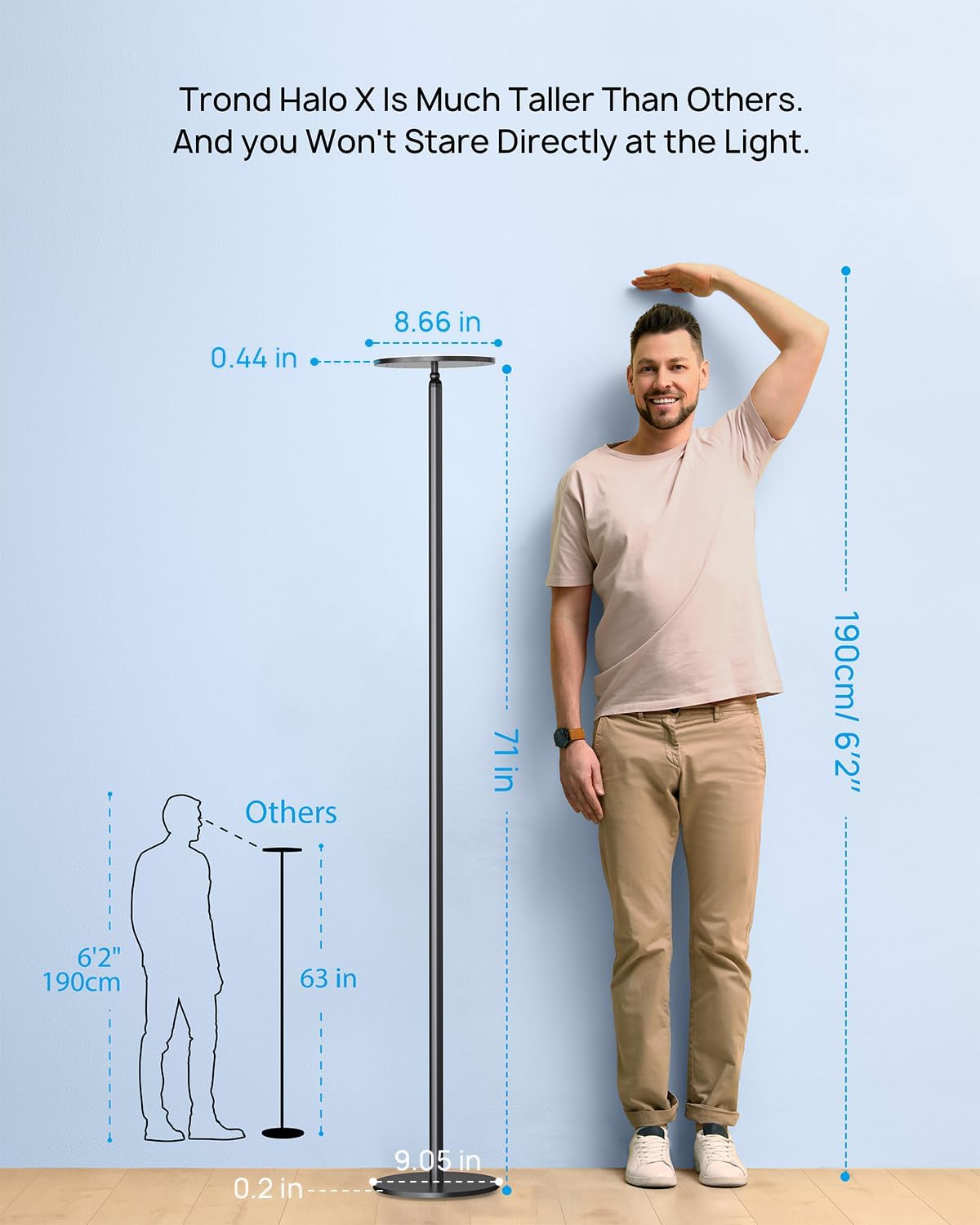 Lámpara LED de piso TROND tipo antorcha, atenuable (30 W, 5500 K luz natural, 4200 lúmenes máx., 71 pulgadas, temporizador de 30 minutos,