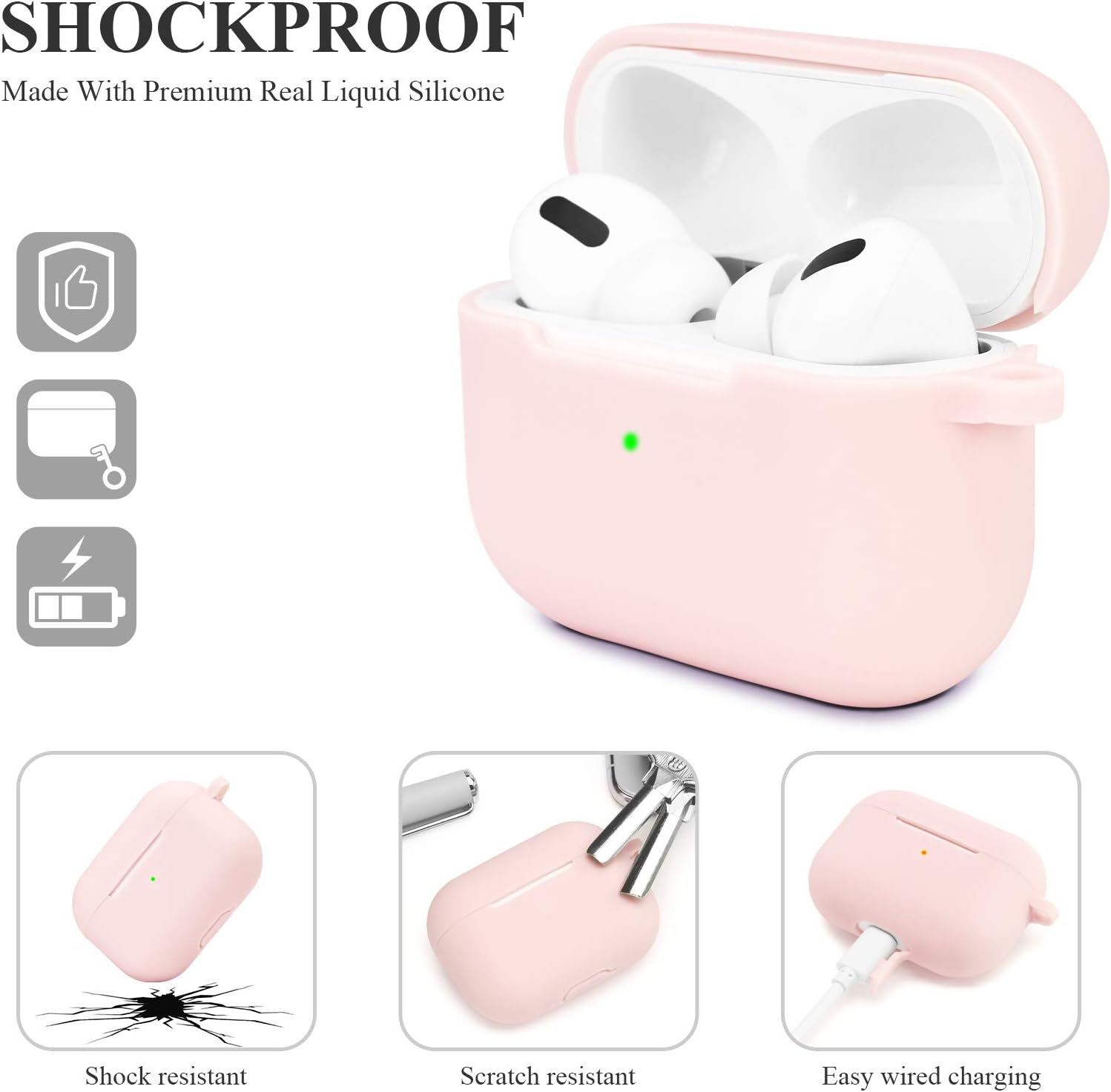 Funda de silicona para AirPods Pro a prueba de golpes, compatible con Apple AirPods Pro LED frontal visible con mosquetón Funda de carga para AirPod