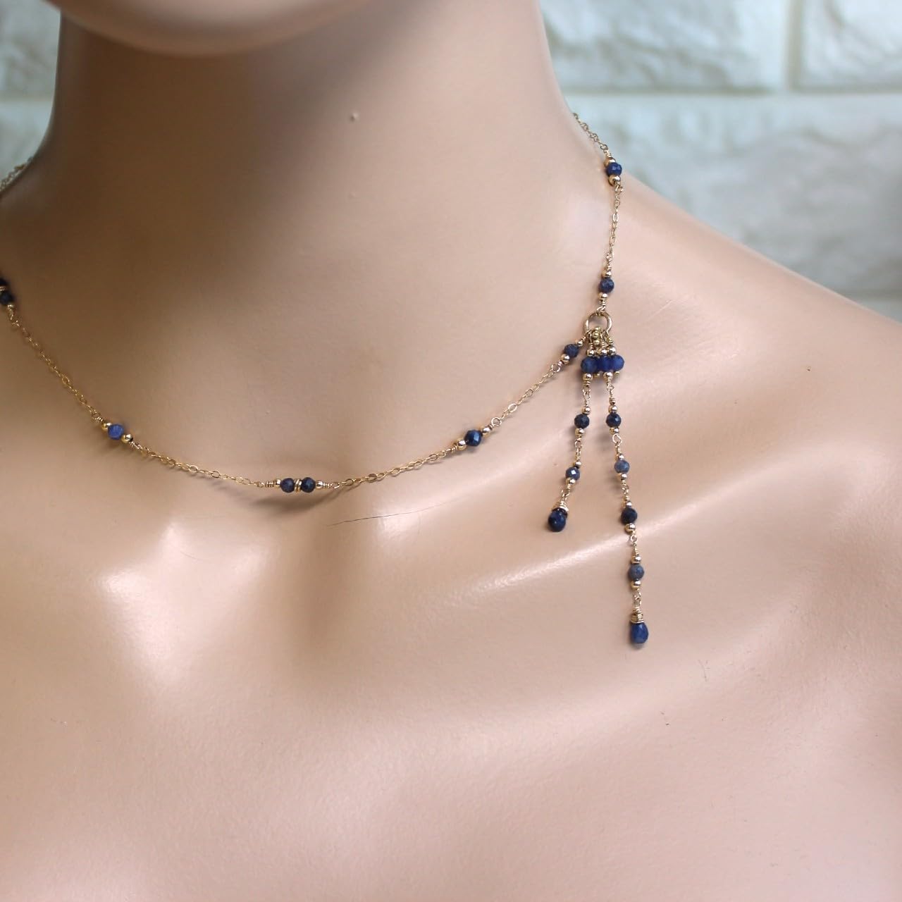 Blue Sapphire Lariat 14K Gold Filled Chain Tassel Necklace, Y Delicate Chain Necklace. Gifts for Women (17″ + 2.5″ extender, 925 sterling silver)