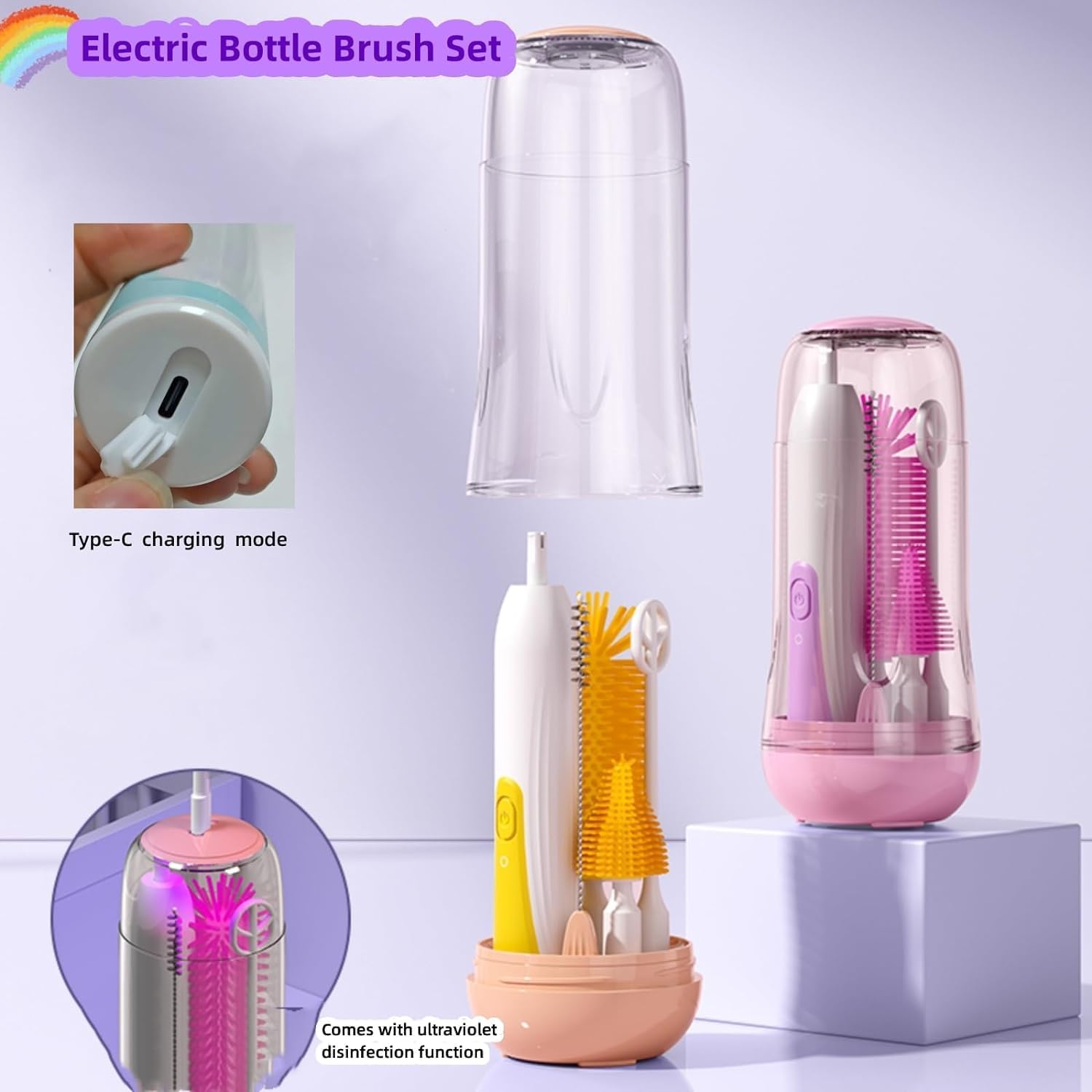 Cepillo eléctrico para biberón de viaje, juego de cepillos con limpiador eléctrico de botellas y cepillo de botella de agua y cepillo para
