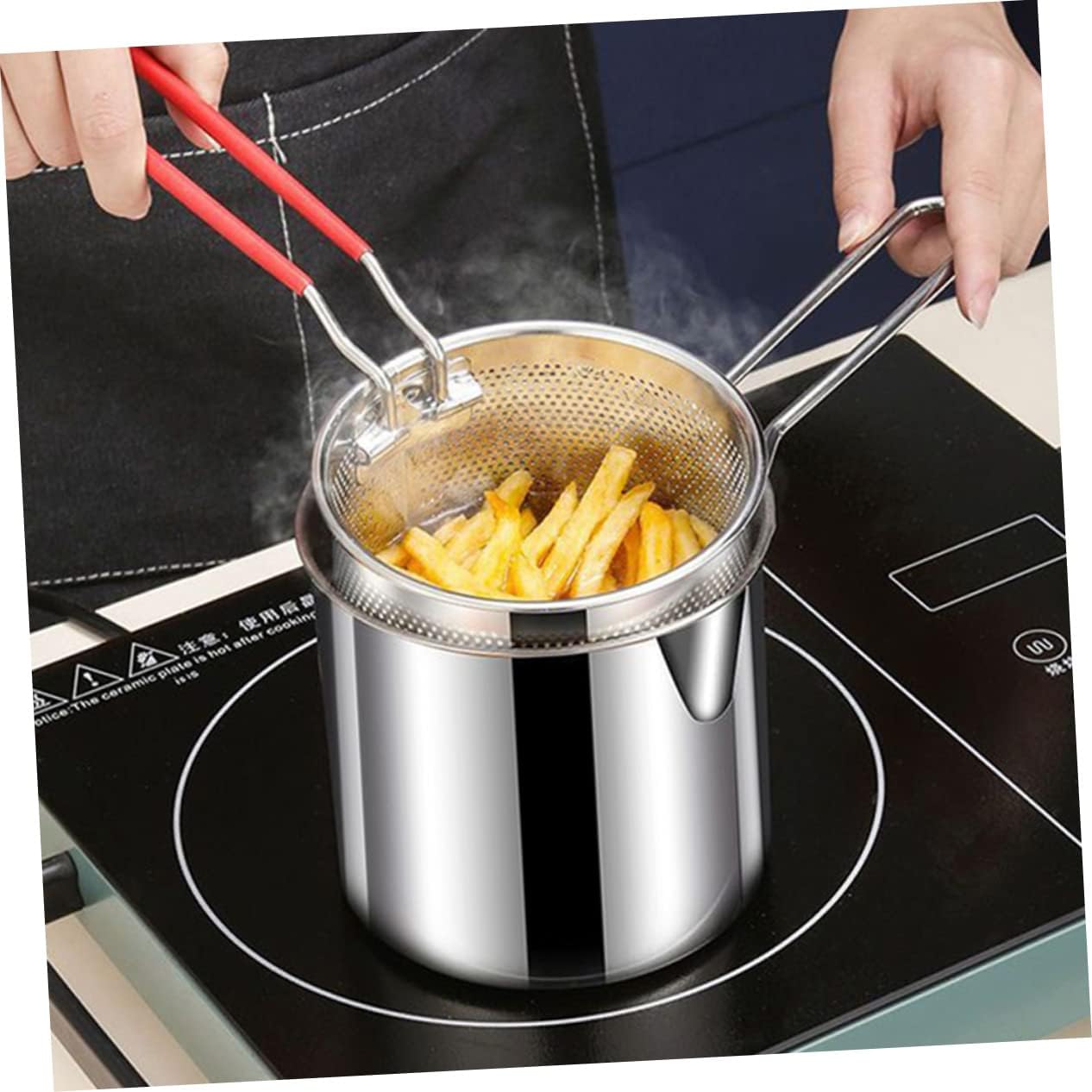 Mikinona 1 juego de freidora de acero inoxidable pequeña freidora de aire de acero inoxidable mini sartén tempura freír olla tempura freidora con