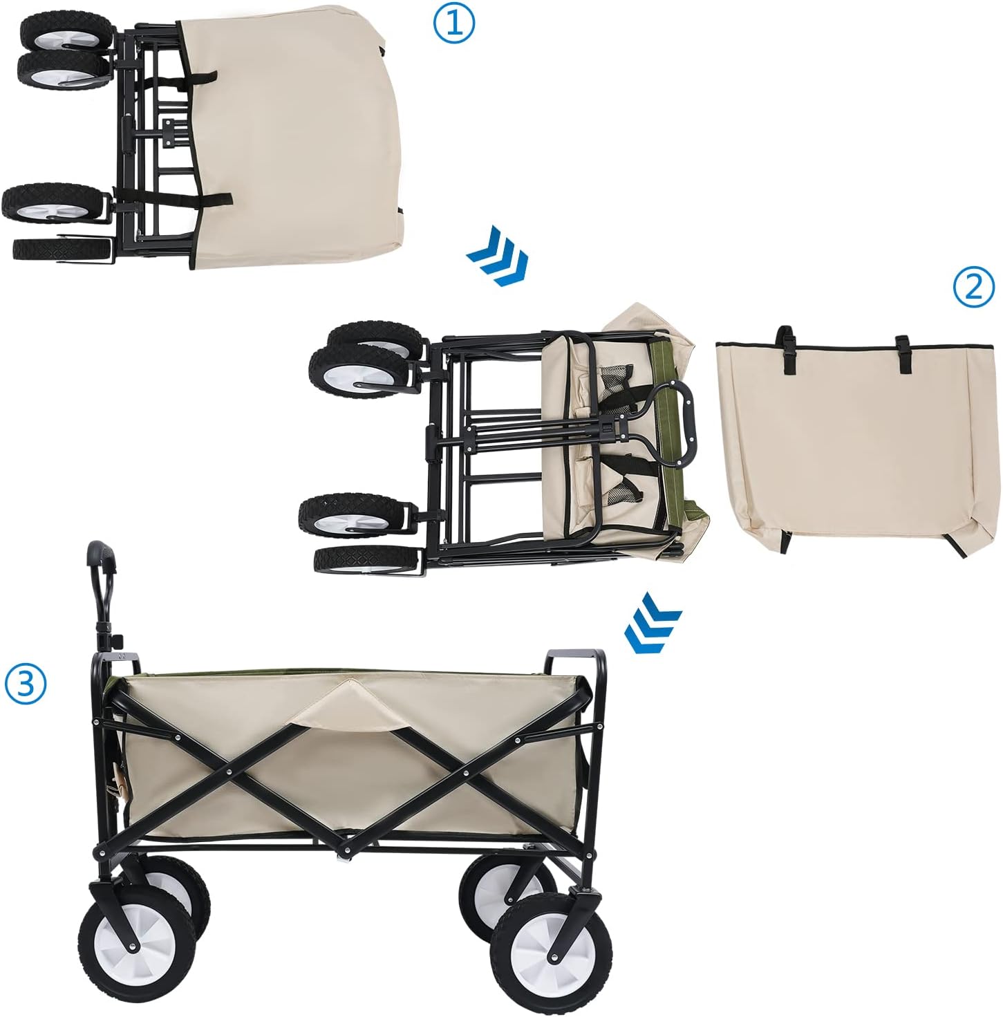 Carro plegable plegable para playa, resistente, con bolsillo lateral para camping, pesca, deportes, compras, al aire libre, carrito de comestibles