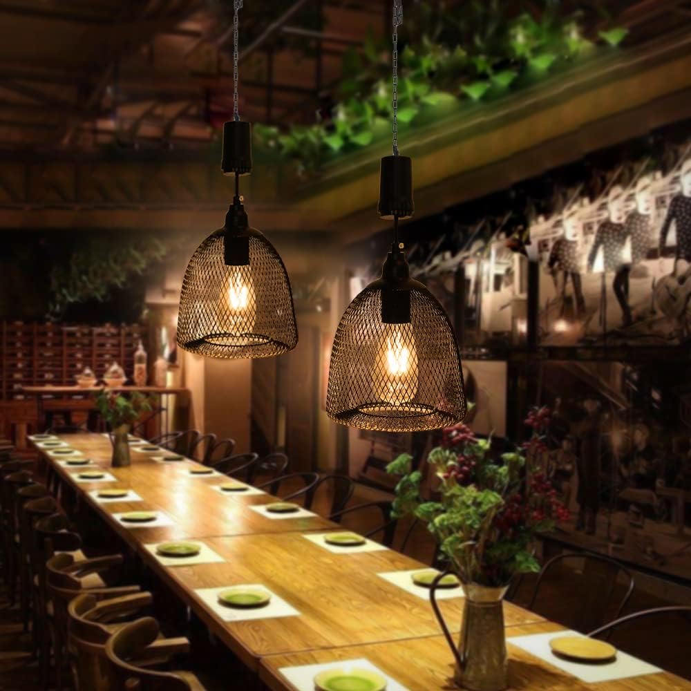 Lámpara colgante con pilas, lámpara de decoración retro, lámpara de malla de metal negro, luces Edison con temporizador de 6 horas, lámpara colgante