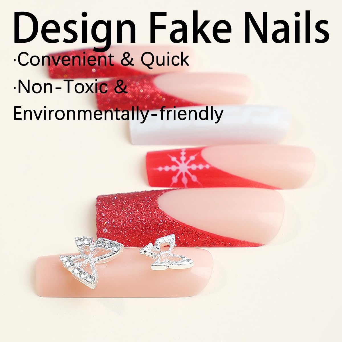 RTKHFZE Uñas postizas largas a presión, uñas postizas de ataúd, uñas postizas de cobertura completa con diseños de mariposas y copos de nieve, uñas