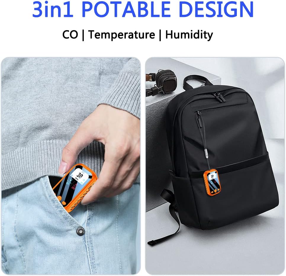 3 en 1 Detector de monóxido de carbono Mini monitor portátil de calidad del aire con alarma de cordón, medidor de gas CO, sensor de humedad y