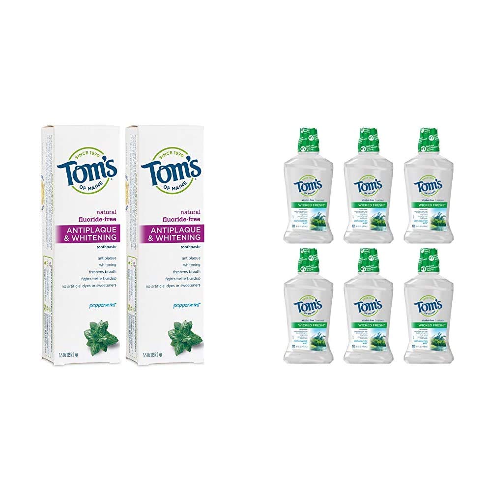 Tom’s of Maine Pasta de dientes blanqueadora y antiplaca sin flúor, pasta de dientes blanqueadora con Tom’s of Maine Wicked Fresh! Enjuague bucal,