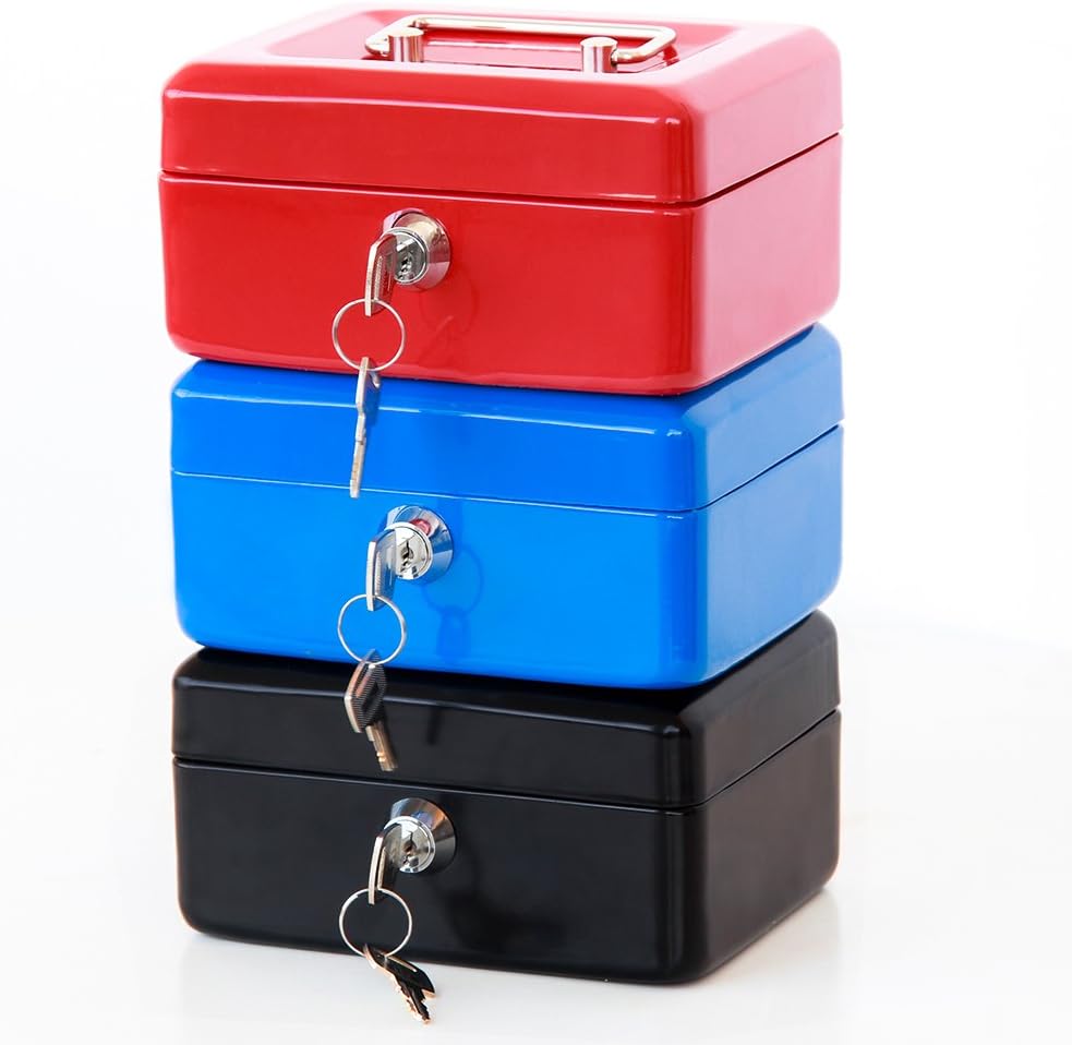 Decaller – Caja de efectivo pequeña con cerradura de llave, portátil de metal con doble capa y 2 llaves para seguridad, rojo, 15,7 x 12,7 x 7,62 cm,