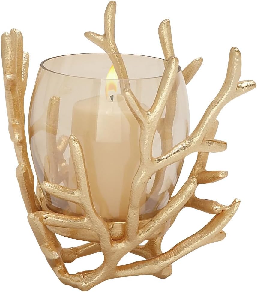 Deco 79 Lámpara de aluminio para huracán de pilar con diseño coral, 5 “x 5” x 6 “, oro