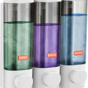 Realunisence Dispensador de jabón de ducha montado en la pared, 3 cámaras, dispensador de jabón para pared de ducha, 3 x 10.1 fl oz10.2 fl oz, Realunisence Dispensador de jabón de ducha montado en la pared, 3 cámaras, dispensador de jabón para pared de ducha, 3 x 10.1 fl oz10.2 fl oz,