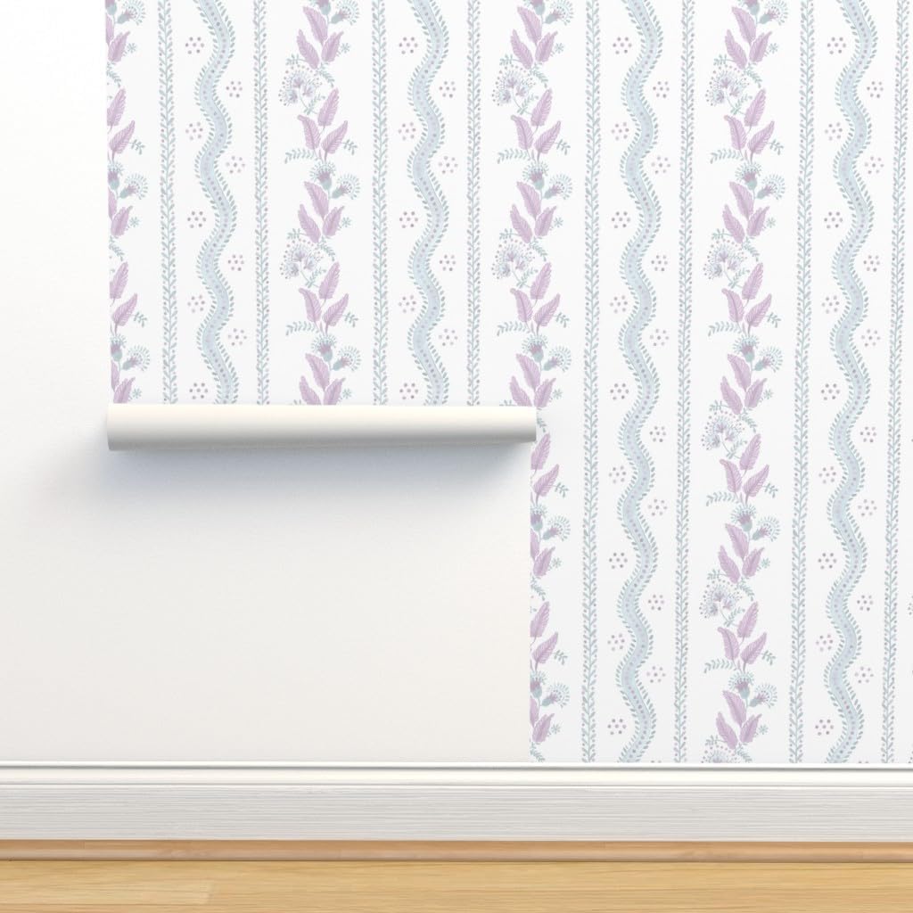 Spoonflower Papel tapiz extraíble – Cottagecore Floral Stripe Botánico Grandmillennial Púrpura Azul Papel pintado tradicional prepegado personalizado