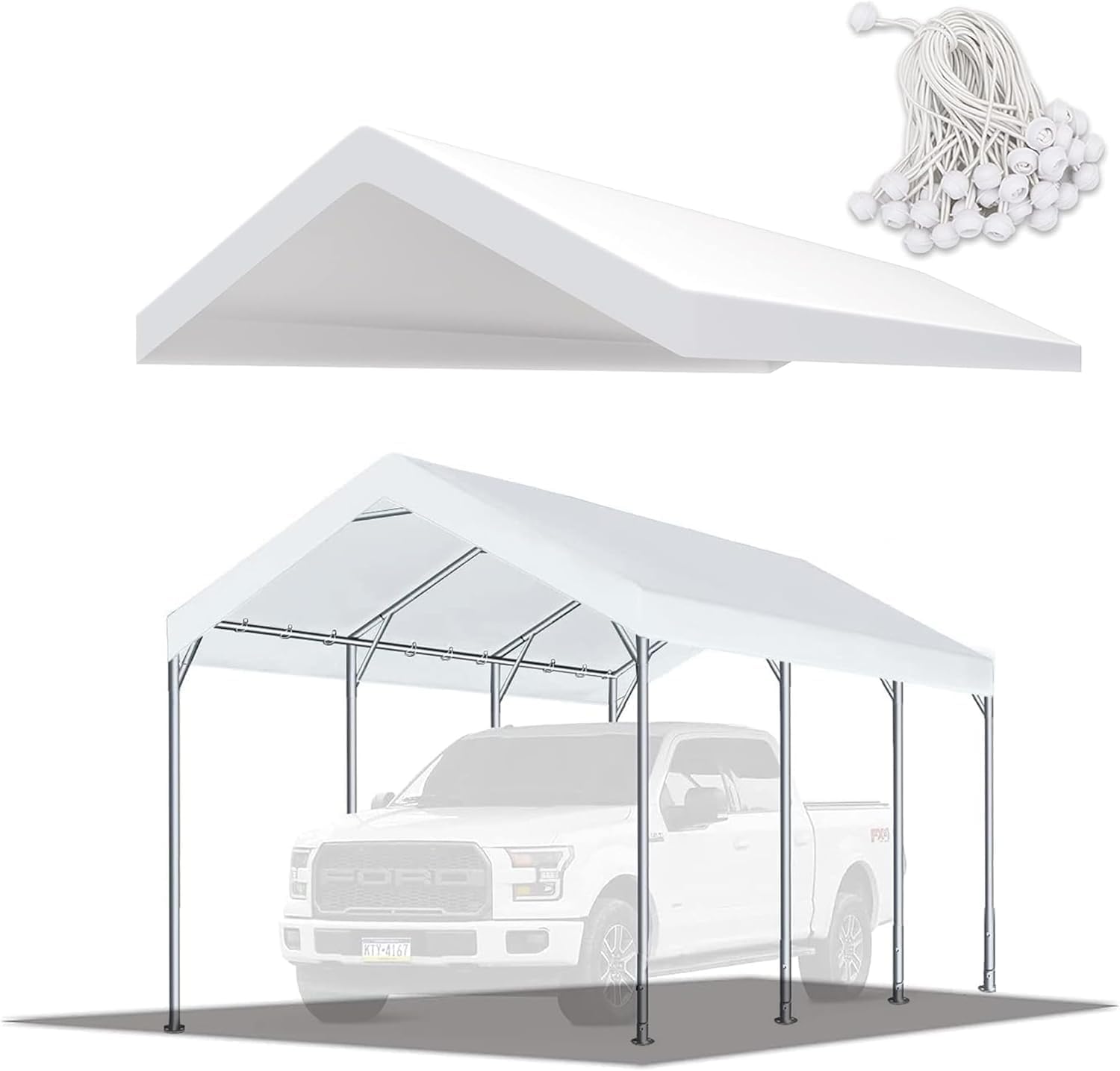 Cubierta de toldo de repuesto para carport de 10 x 20 pies, cubierta de refugio de garaje, lona de 6.83 onzas con cuerdas elásticas de bola (solo