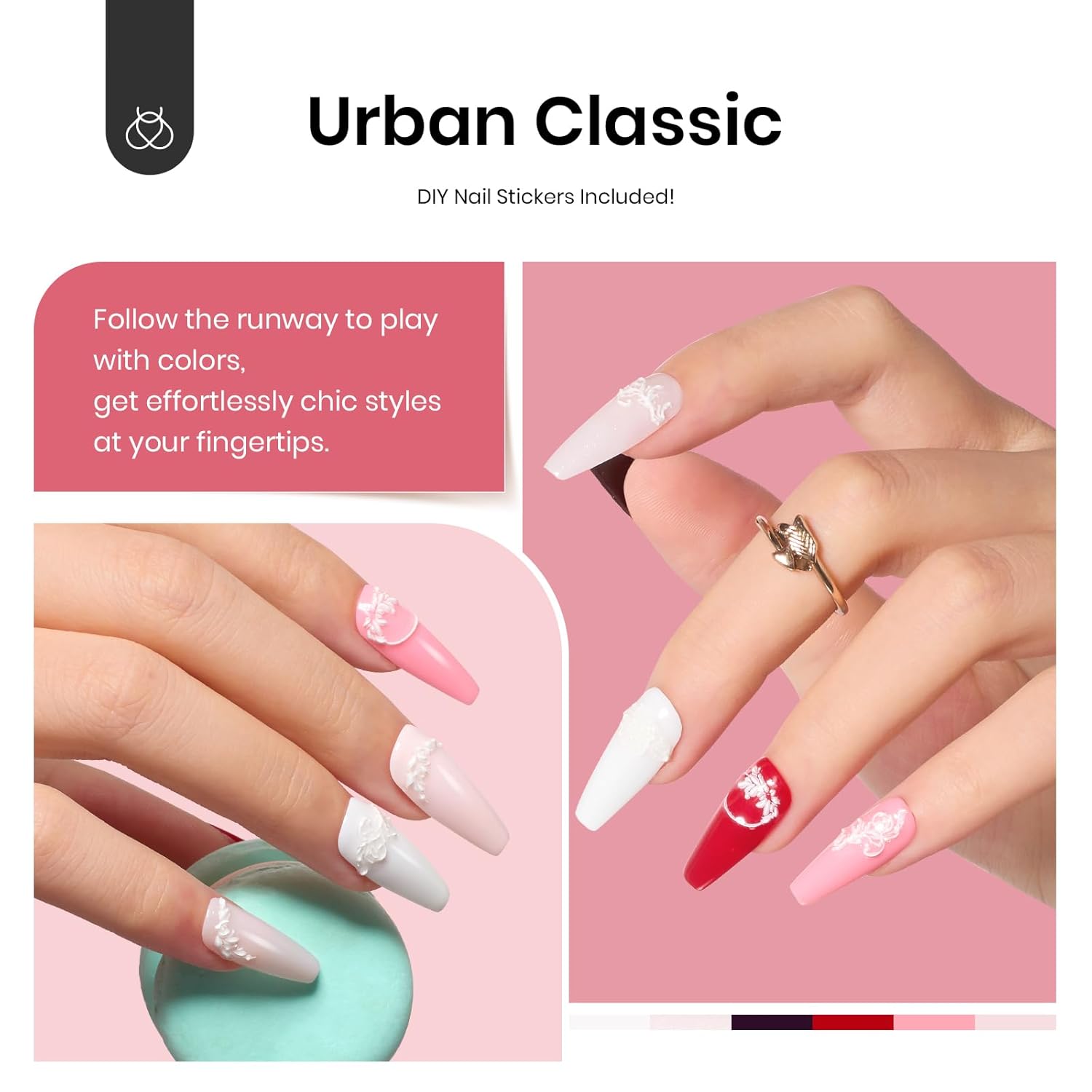 Beetles – Uñas a presión de 6 colores, 180 unidades, tamaño mediano, pegamento de 0.3 onzas fluidas (10ml) y calcomanías de uñas, reutilizables,
