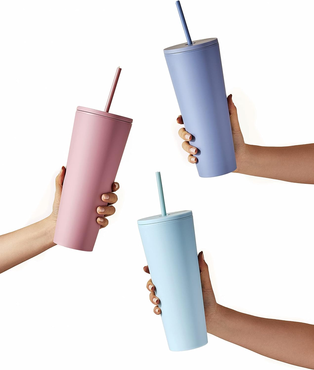 Maars – Vaso térmico clásico de acrílico con tapa y pajilla, reutilizable, de plástico, doble pared y alta calidad de 24 onzas, negro mate, paquete