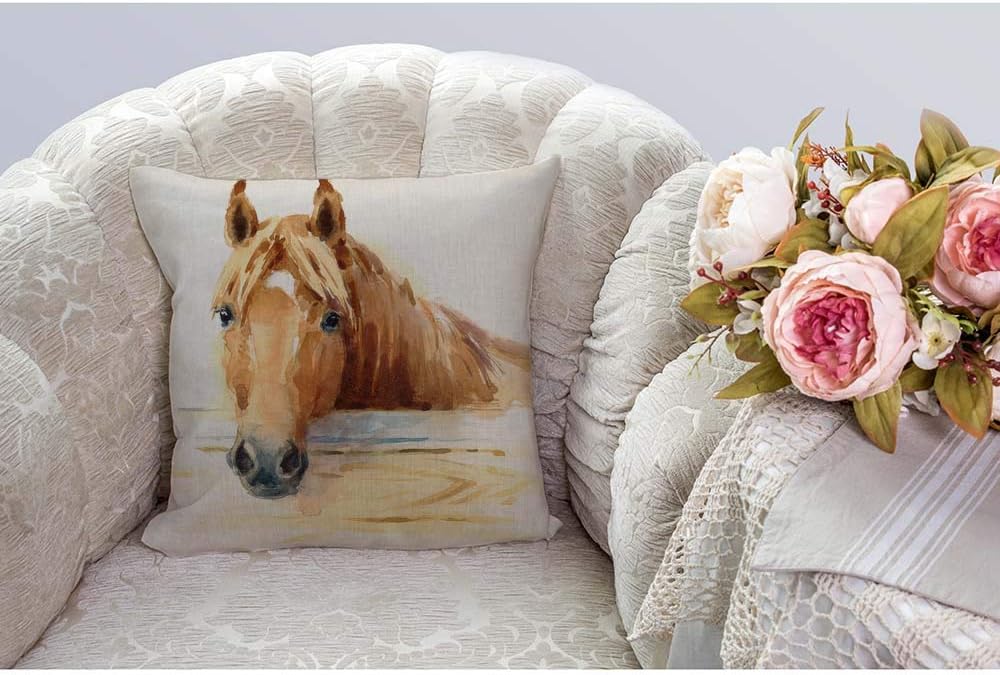 HGOD DESIGNS Funda de cojín decorativa con diseño de caballo de acuarela en el arte estable, funda de cojín cuadrada de lino y algodón, 20 x 20