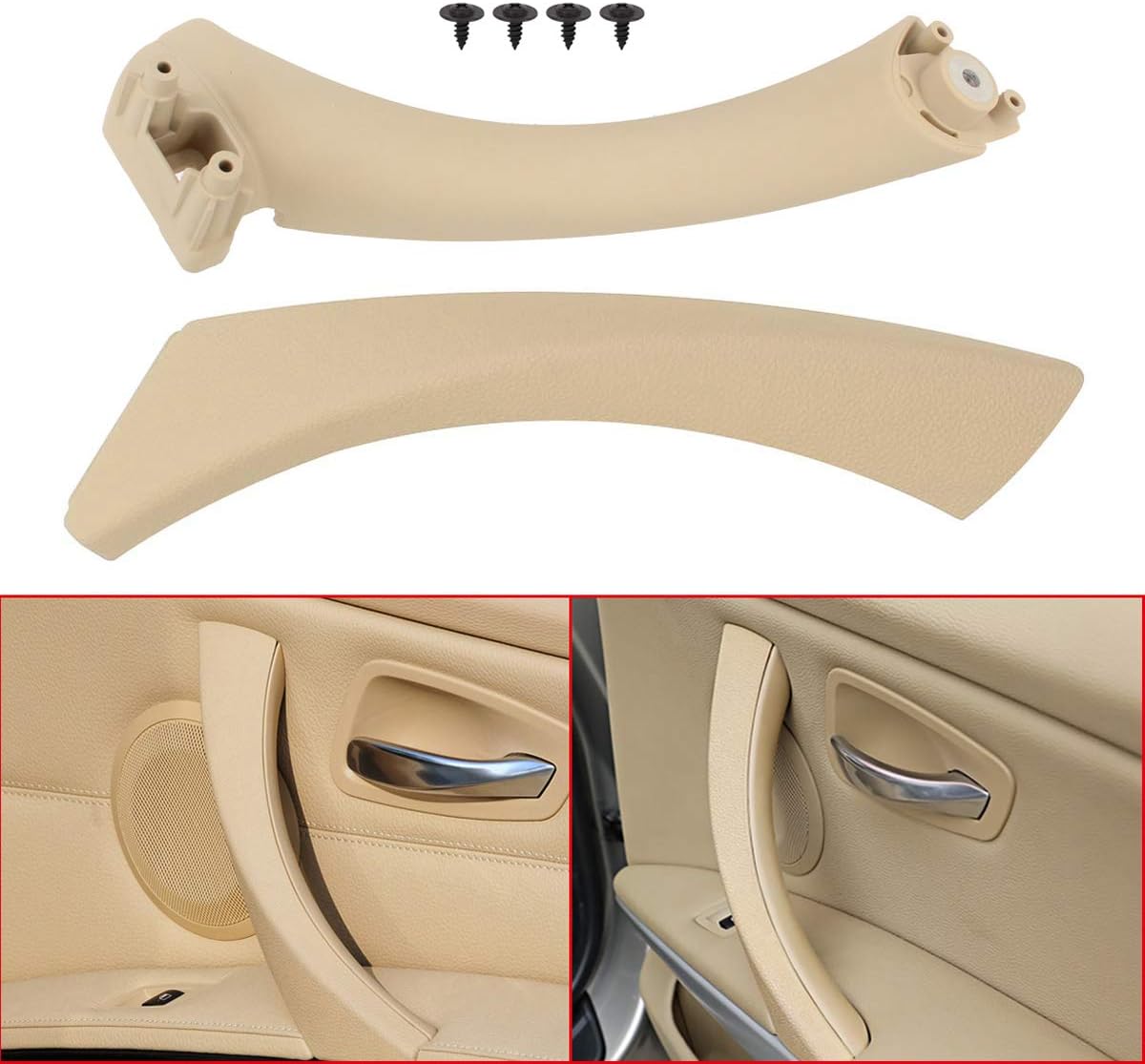 XtremeAmazing Cubierta exterior de la manija del panel de la puerta interior delantera derecha beige y tirador de la puerta para BMW E90 3-Series