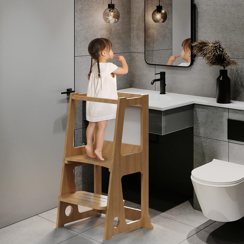 Taburete de cocina 4 en 1 para niños pequeños, taburete de torre de aprendizaje para niños con riel de seguridad y tabla blanca para escribir