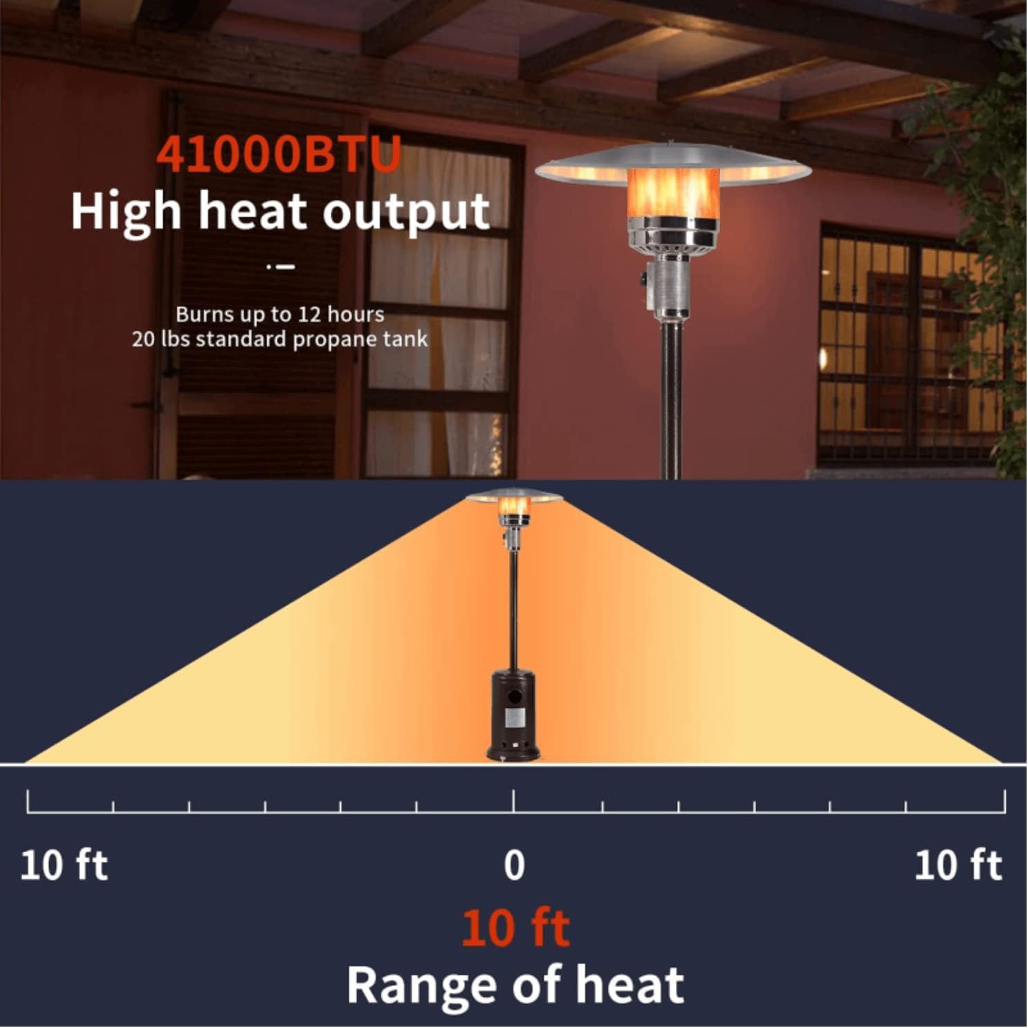 Calentadores de propano para patio al aire libre, 41,000 BTU de acero de calentamiento rápido, ahorro de energía, calentador de gas alto con ruedas,
