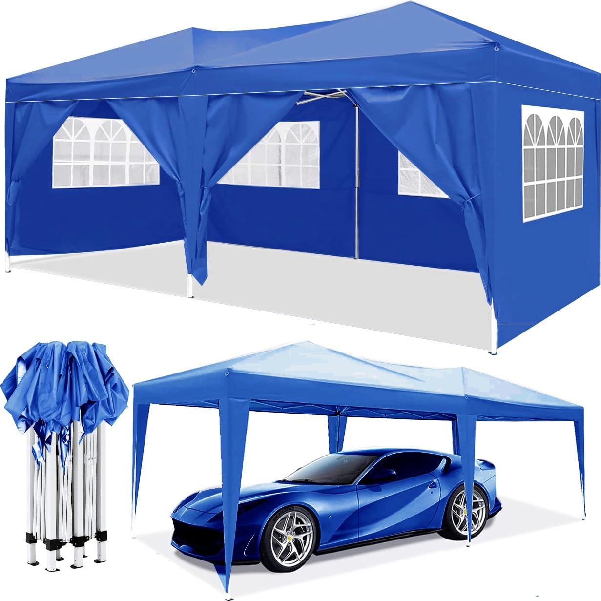 Carpa plegable de 10 x 20 pies, impermeable, comercial, portátil, portátil, color azul