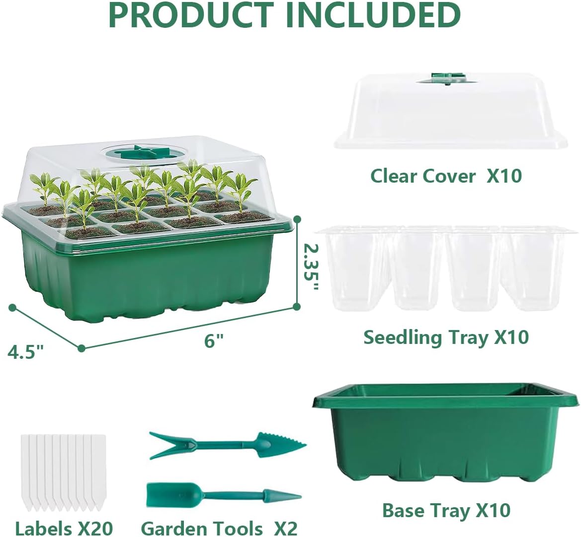Bandejas iniciales de semillas, 12 celdas x 10 paquetes de humedad ajustable para plantas con cúpula y base para invernadero y jardines (bandeja de