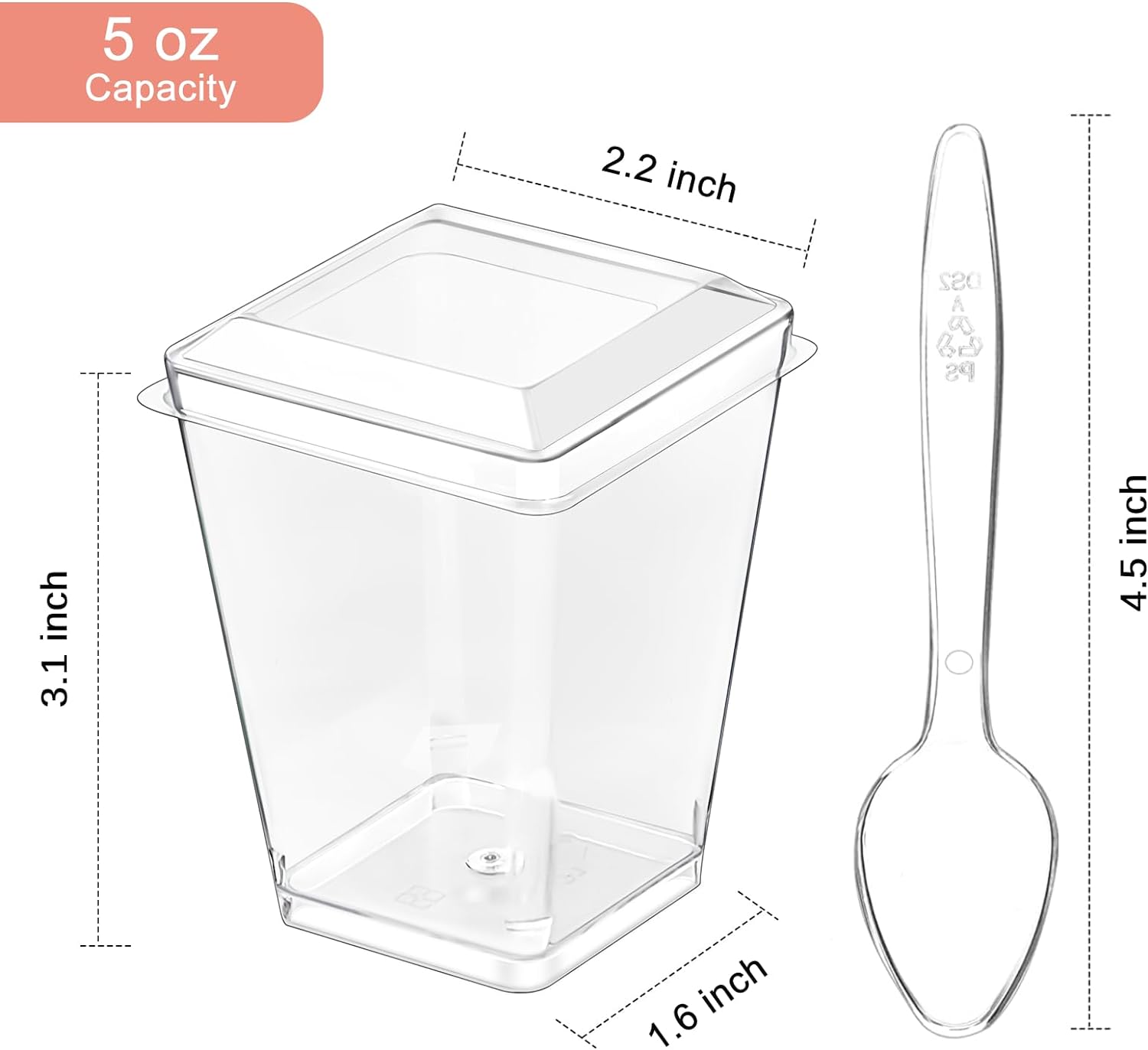 Paquete de 100 vasos cuadrados de plástico transparente de 5 onzas con tapas y cucharas, mini vasos para servir para fiesta de degustación, postres,