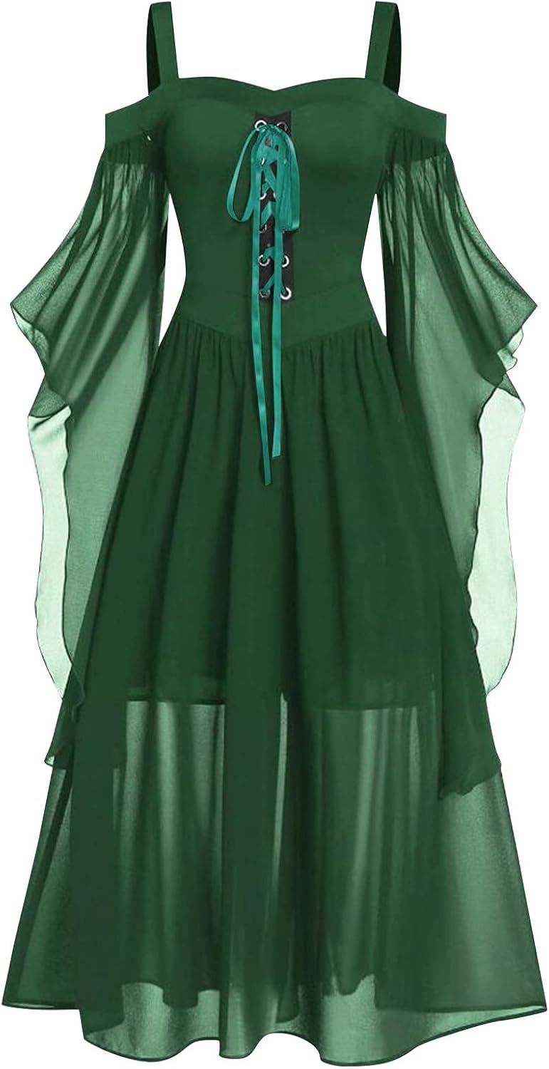 FlekmanArt Disfraz de cosplay renacentista medieval irlandés para mujer, disfraz de hada, hombros descubiertos, vestido de manga de mariposa