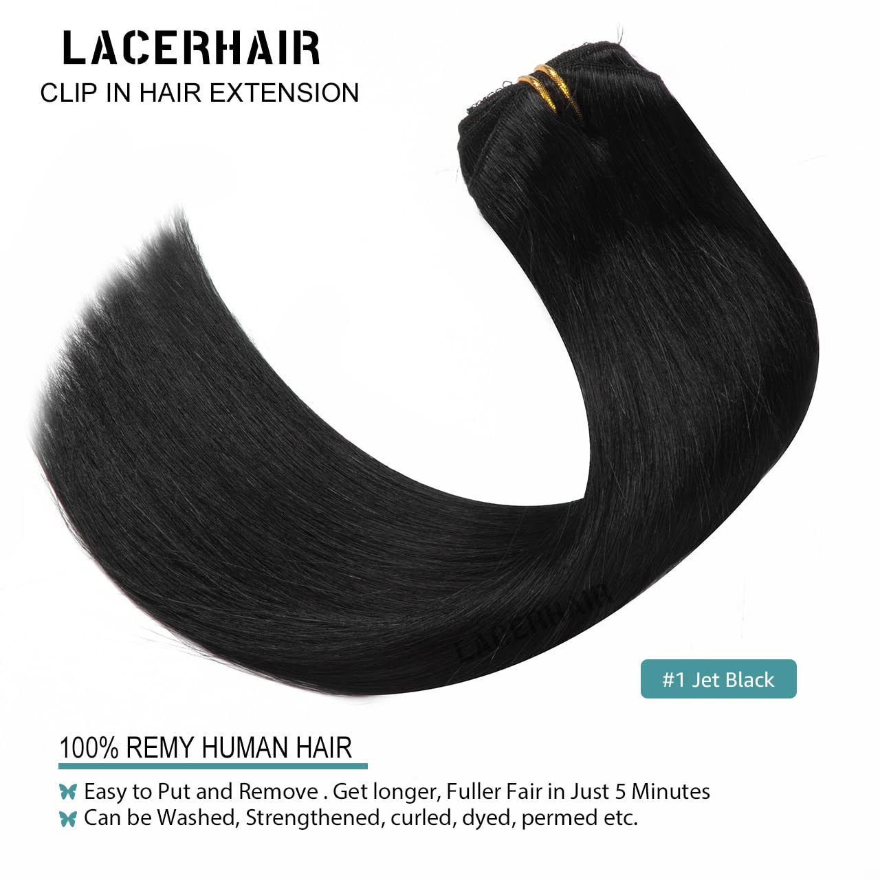 Lacer Extensiones de cabello humano con clip, de doble trama, cabello brasileño de cabeza completa, color negro azabache, extensiones de cabello