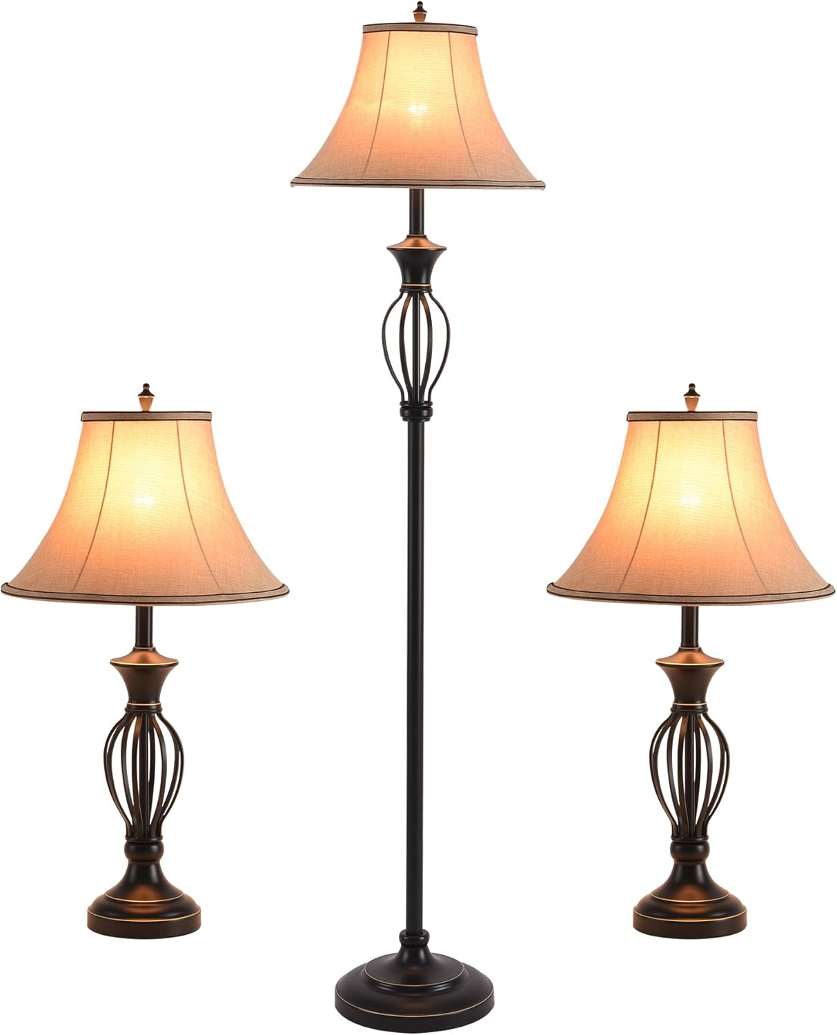 Juego de 3 lámparas (2 lámparas de mesa, 1 lámpara de pie), juego de 3 lámparas de sala de estar, juego de lámparas de pie y mesa en acabado bronce