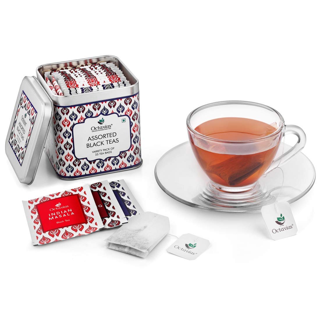 Octavius, Set de regalo surtido de muestras de té (3 sabores, 25 bolsas de té)  Paquete de muestra de té negro  Juego de regalo de té (paquete de 1)