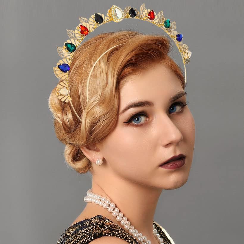 Fstrend Diadema barroca con corona de diamantes de imitación, tiaras de hojas doradas, diadema de novia, boda, reina, cumpleaños, graduación,