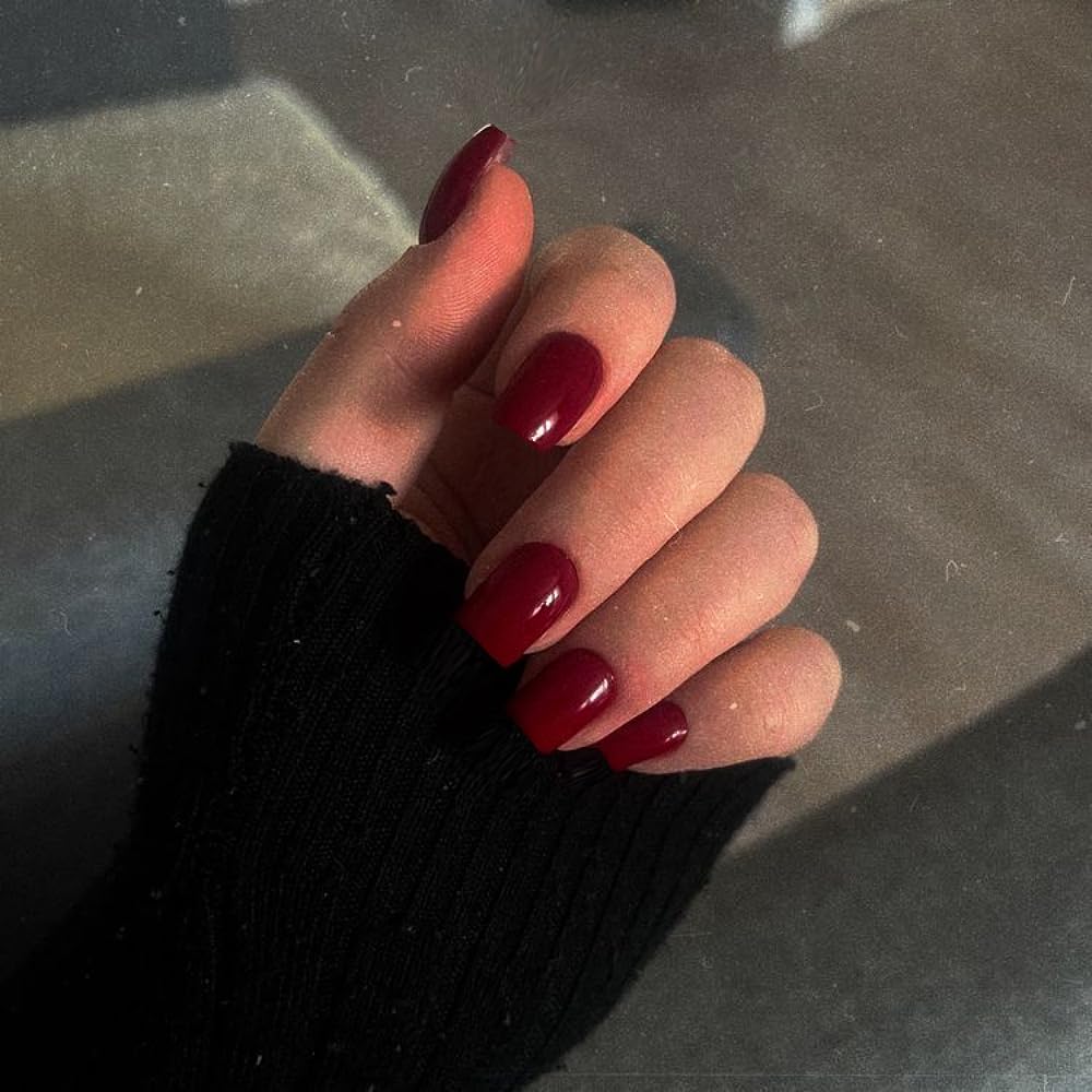 Uñas postizas cortas a presión, color rojo vino, uñas postizas cortas cuadradas a presión, uñas acrílicas, uñas adhesivas para mujeres, uñas