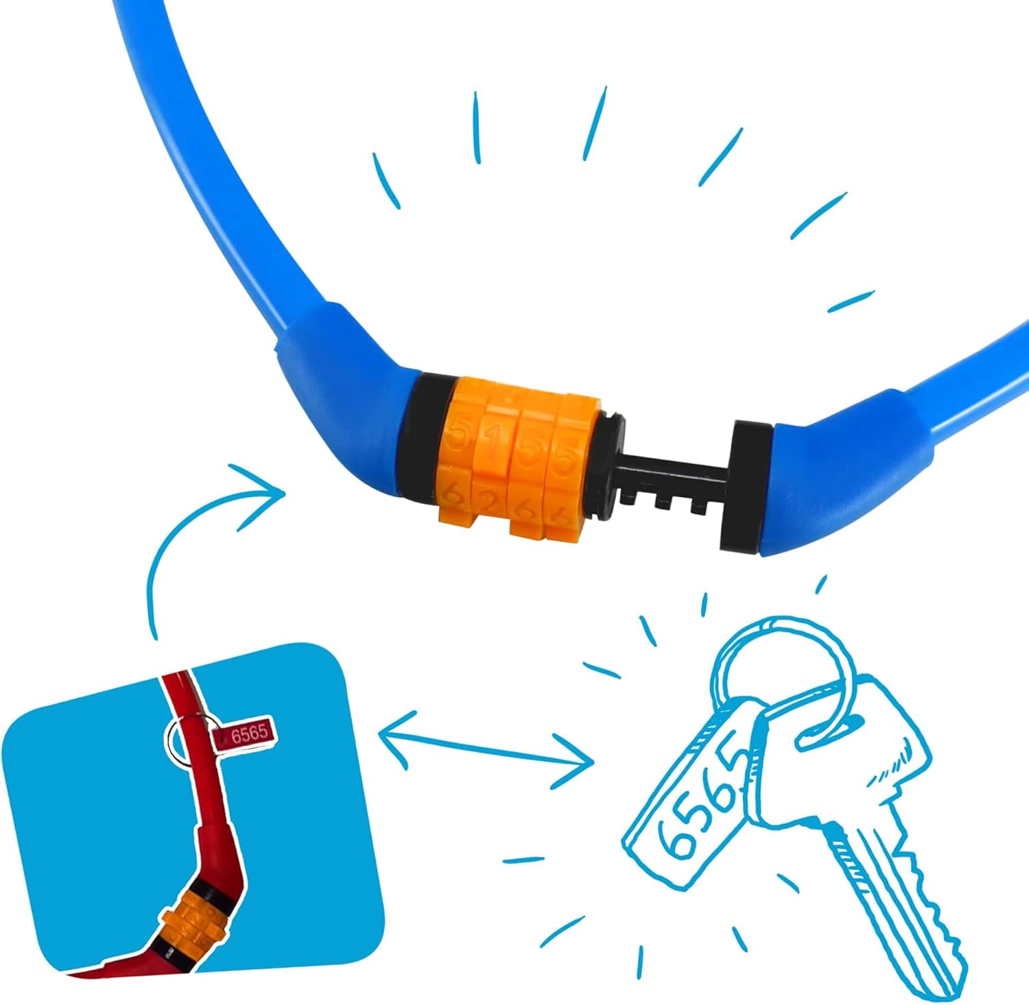 Crazy Safety Candado de bicicleta para niños, cable de bloqueo de bicicleta con combinación fija de 4 dígitos, fácil de recordar para niños, colores