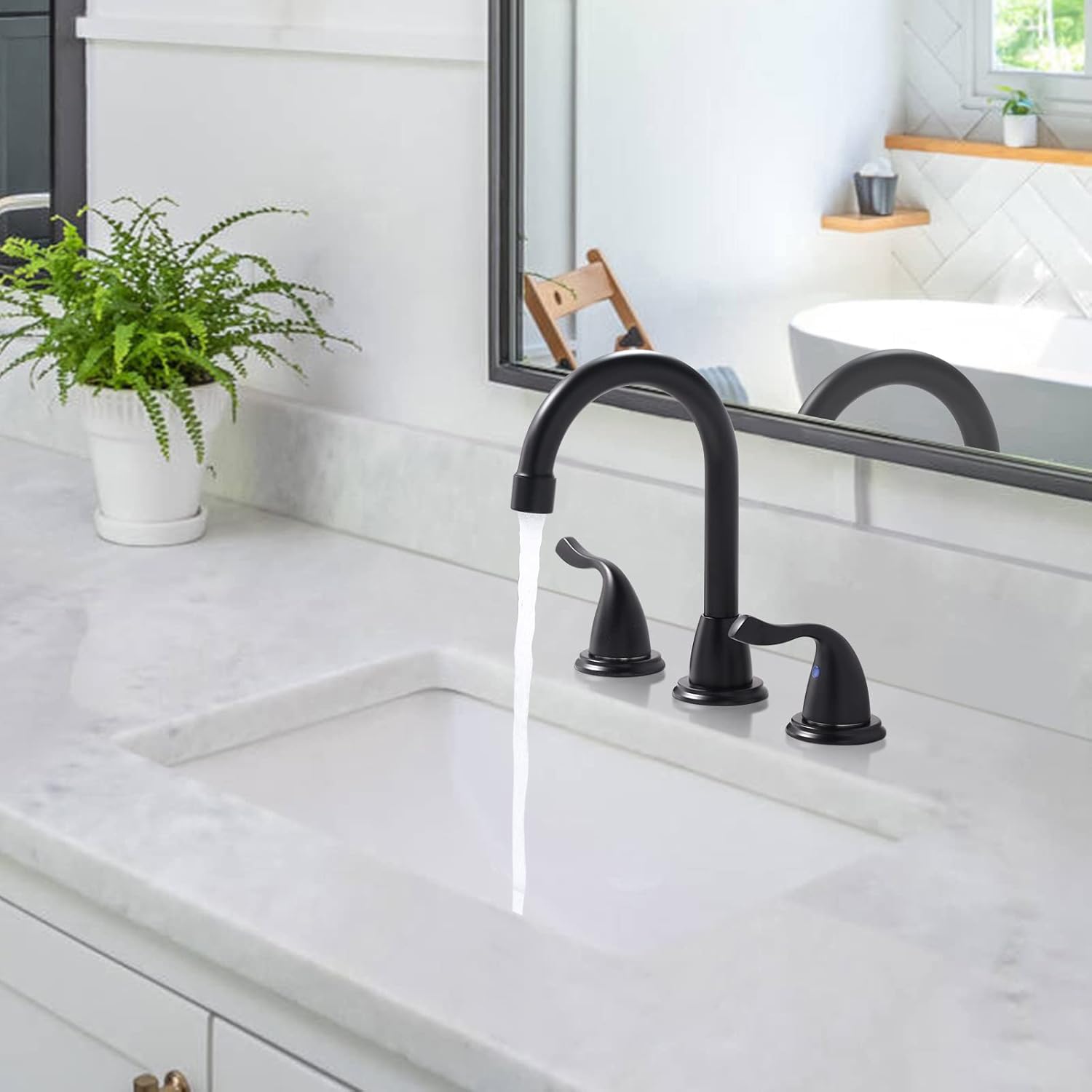 ARCORA – Grifo de baño negro de 8 pulgadas, 3 agujeros, 2 manijas con montaje de drenaje, grifo negro mate para fregadero de baño