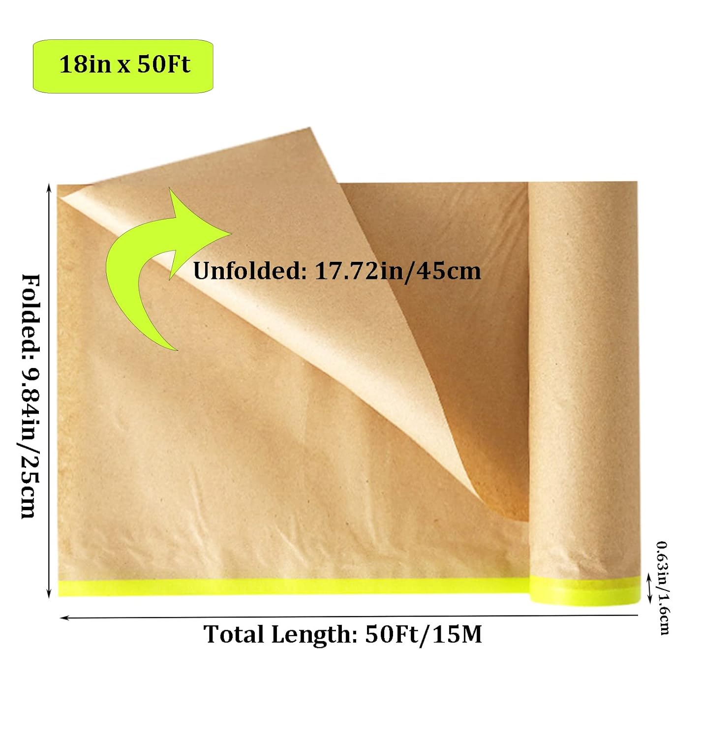 AZH Rollo de papel de pintura precintado para pintar y cubrir, 18 pulgadas x 50 pies, rollo de papel de pintura automotriz para cubrir protección de