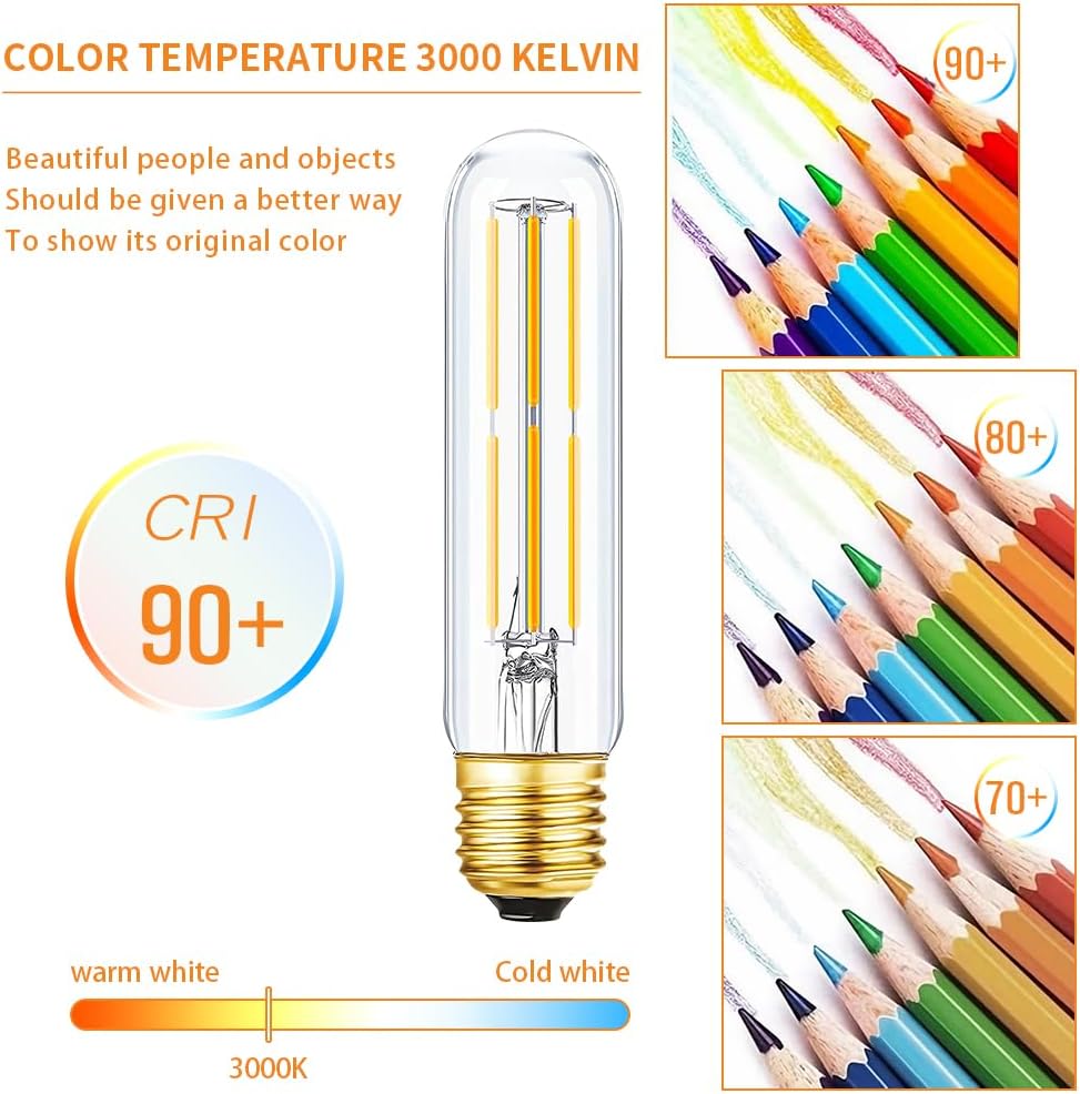 Bombillas LED T10 de color blanco cálido 3000 K, de vidrio transparente, bombilla Edison tubular, regulable, E26, 6 W, igual a 60 W, bombillas