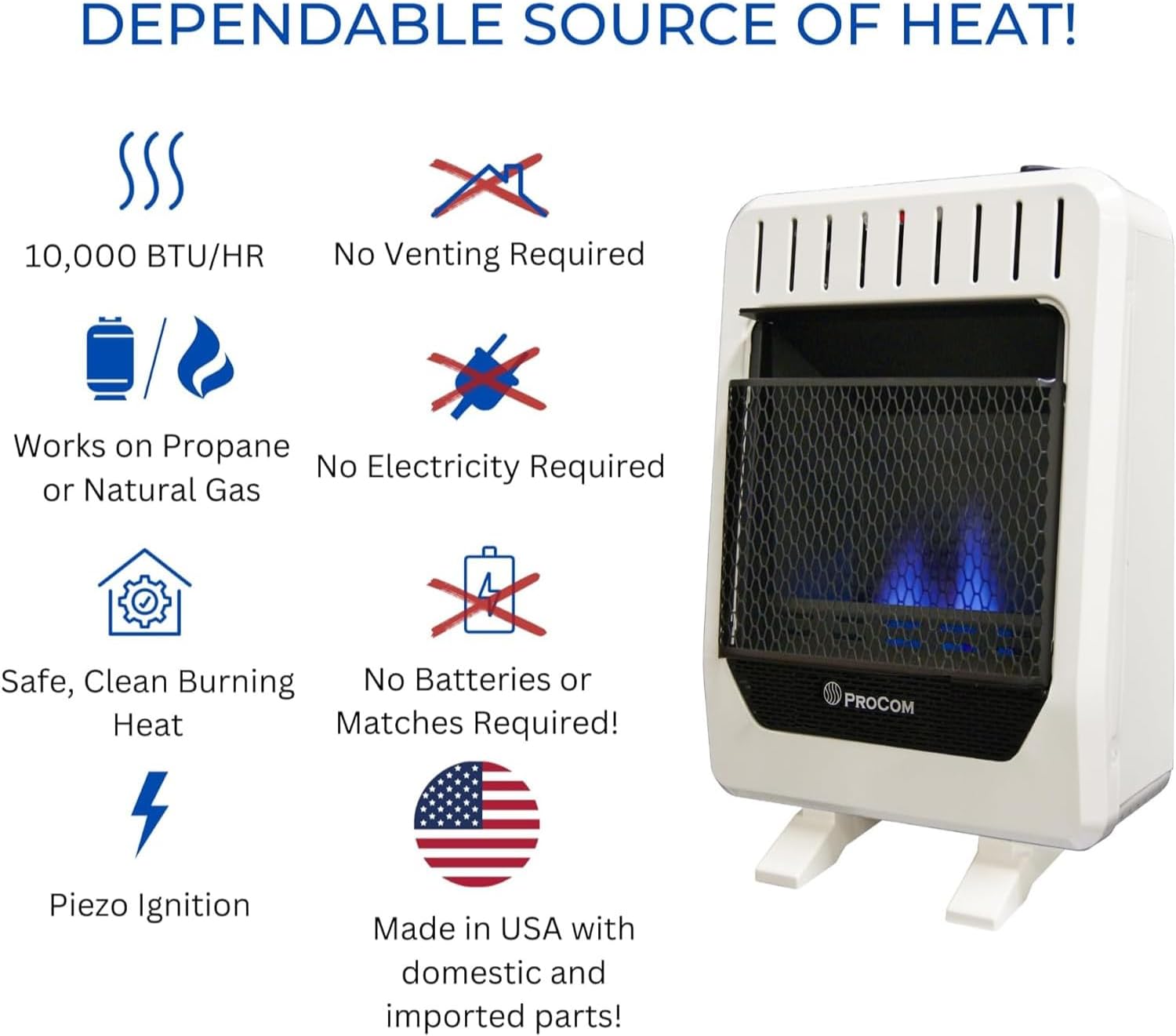 HearthSense Calentador de llama azul sin ventilación de combustible dual con base – 10,000 BTU, control manual – Modelo # BF10M-B