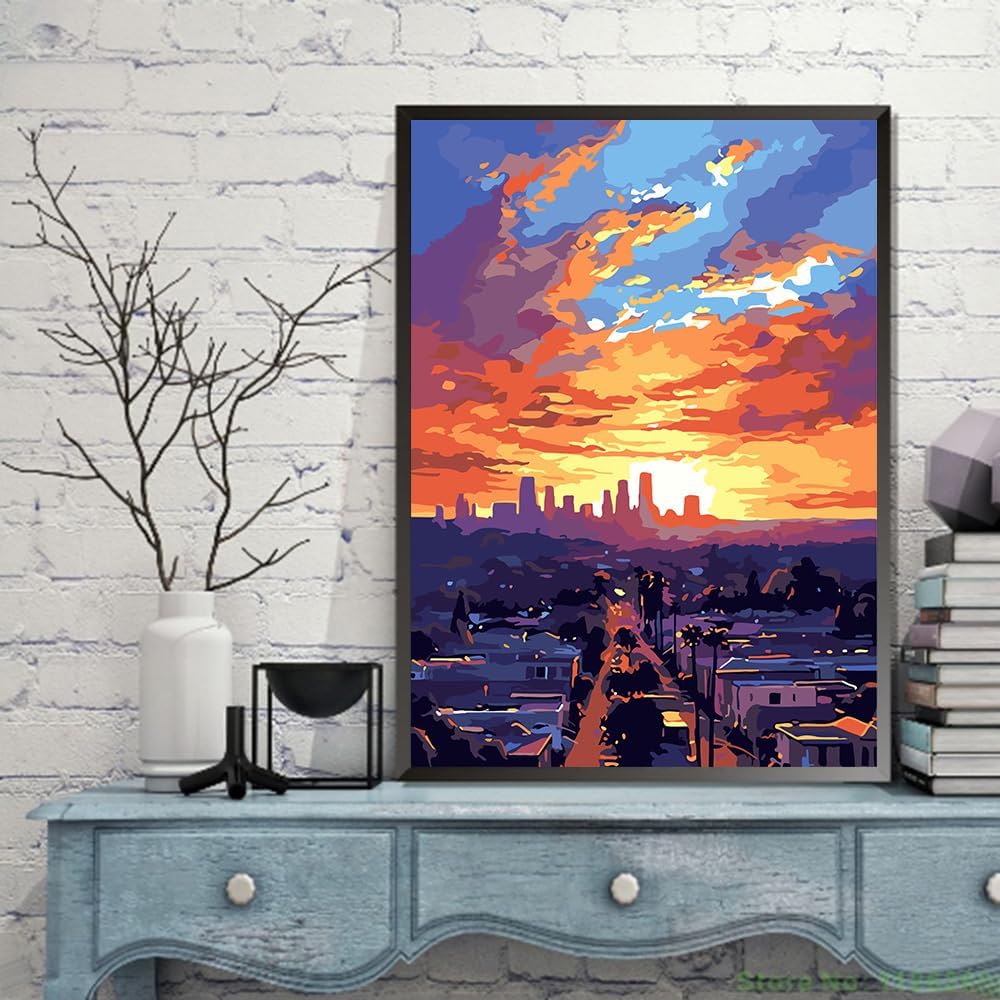 QUITEDEW Pintura de ciudad por números para adultos, pintura al atardecer por números para principiantes, pintura al óleo de bricolaje pinturas