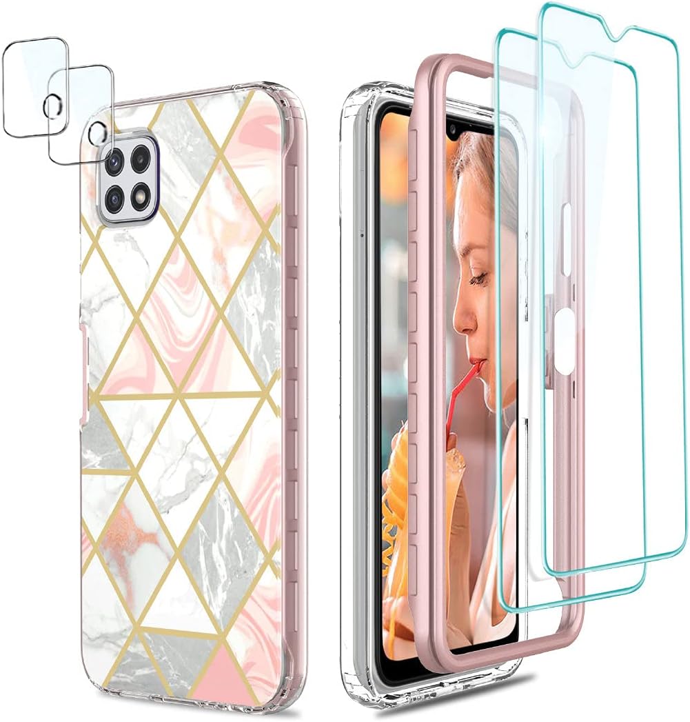 Jeylly 5 artículos Funda para Galaxy A22 5G con protector de pantalla y protector de lente de cámara, funda de mármol híbrida de policarbonato duro