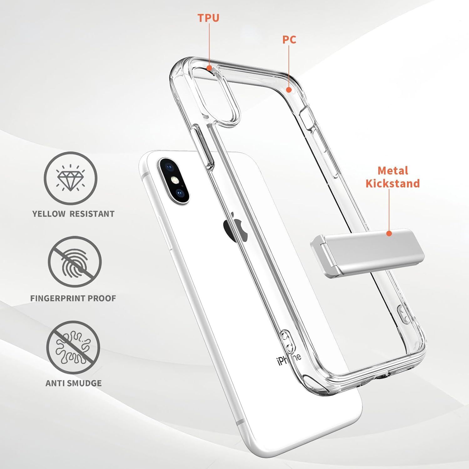 Funda para iPhone X con soporte transparente, iPhone Xs con soporte, funda transparente fina para iPhone X, 5.8 pulgadas