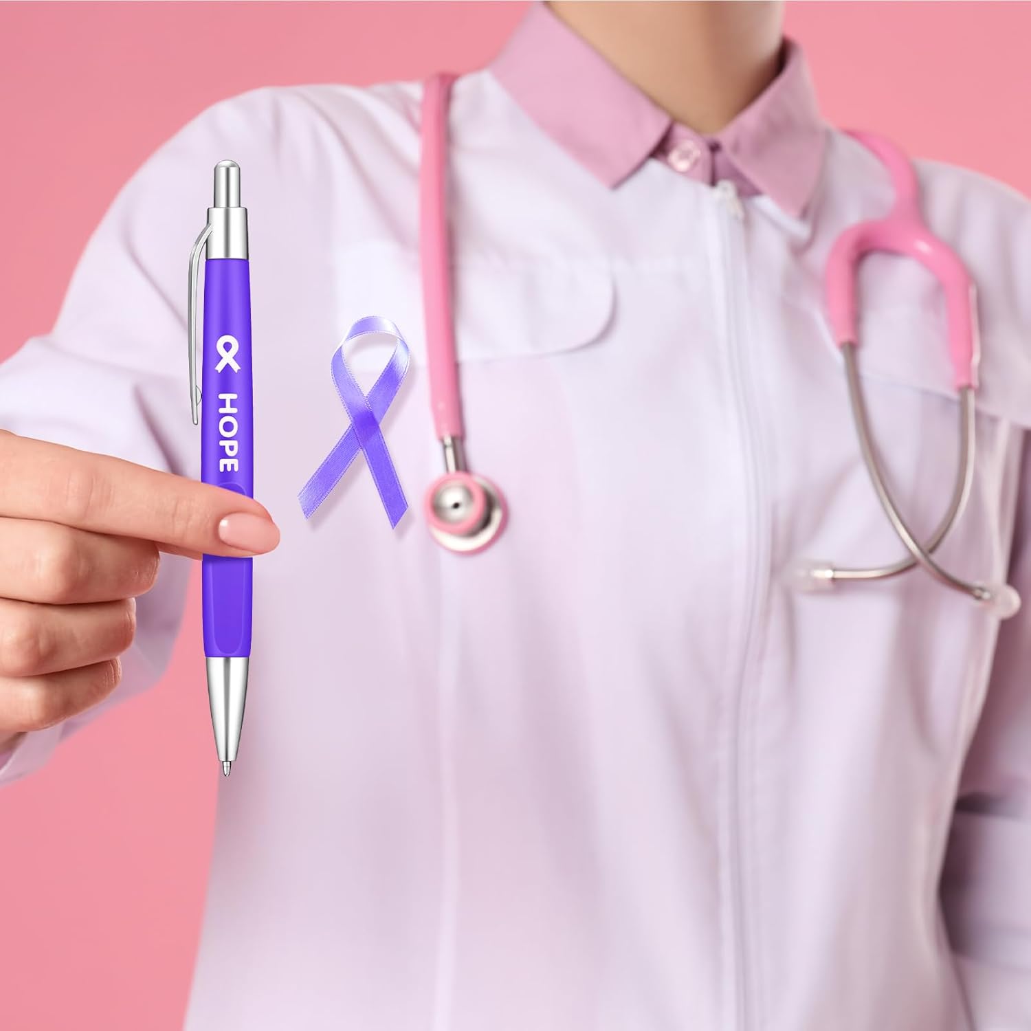 50 bolígrafos de cáncer de mama a granel, color rosa, morado, naranja, con cinta, bolígrafo de concienciación, pulseras antiviolencia,